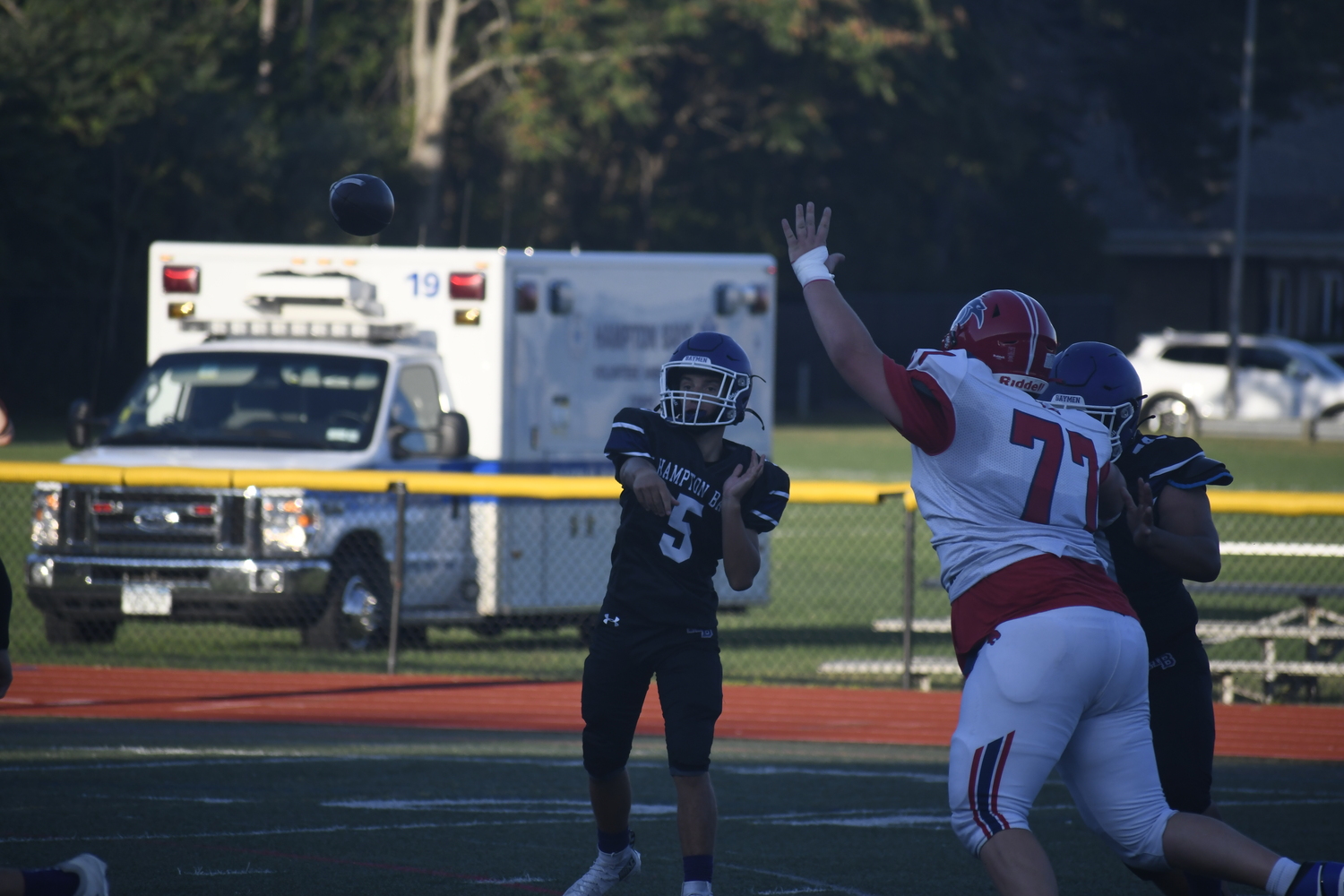 Hampton Bays sophomore Connor Bullinger attempts one of his first passes of the season.  DREW BUDD