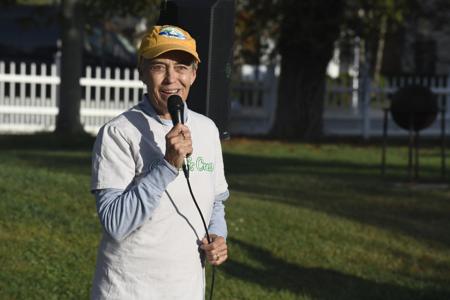 Suzanne Walsh, the wife of the late Peter Walsh — the Potatohampton 5K was revived in his honor — offers a few words prior to Sunday morning's race.  DREW BUDD
