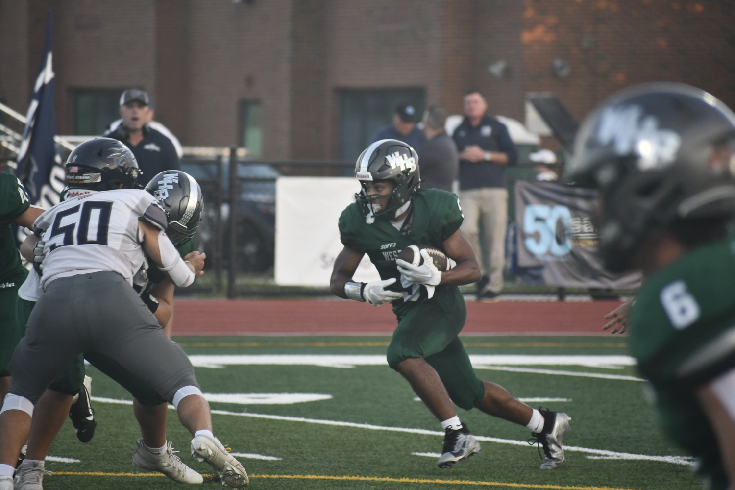 Westhampton Beach junior Nic Simone ran for 257 yards on 26 carries and had five touchdowns in Friday's night come-from-behind victory over ESM.  DREW BUDD