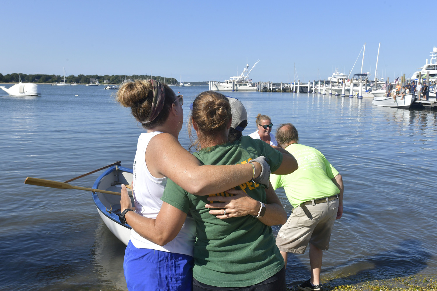 The John K. Ott women's whaleboat team celebrates their victory at HarborFest 2025.  DANA SHAW