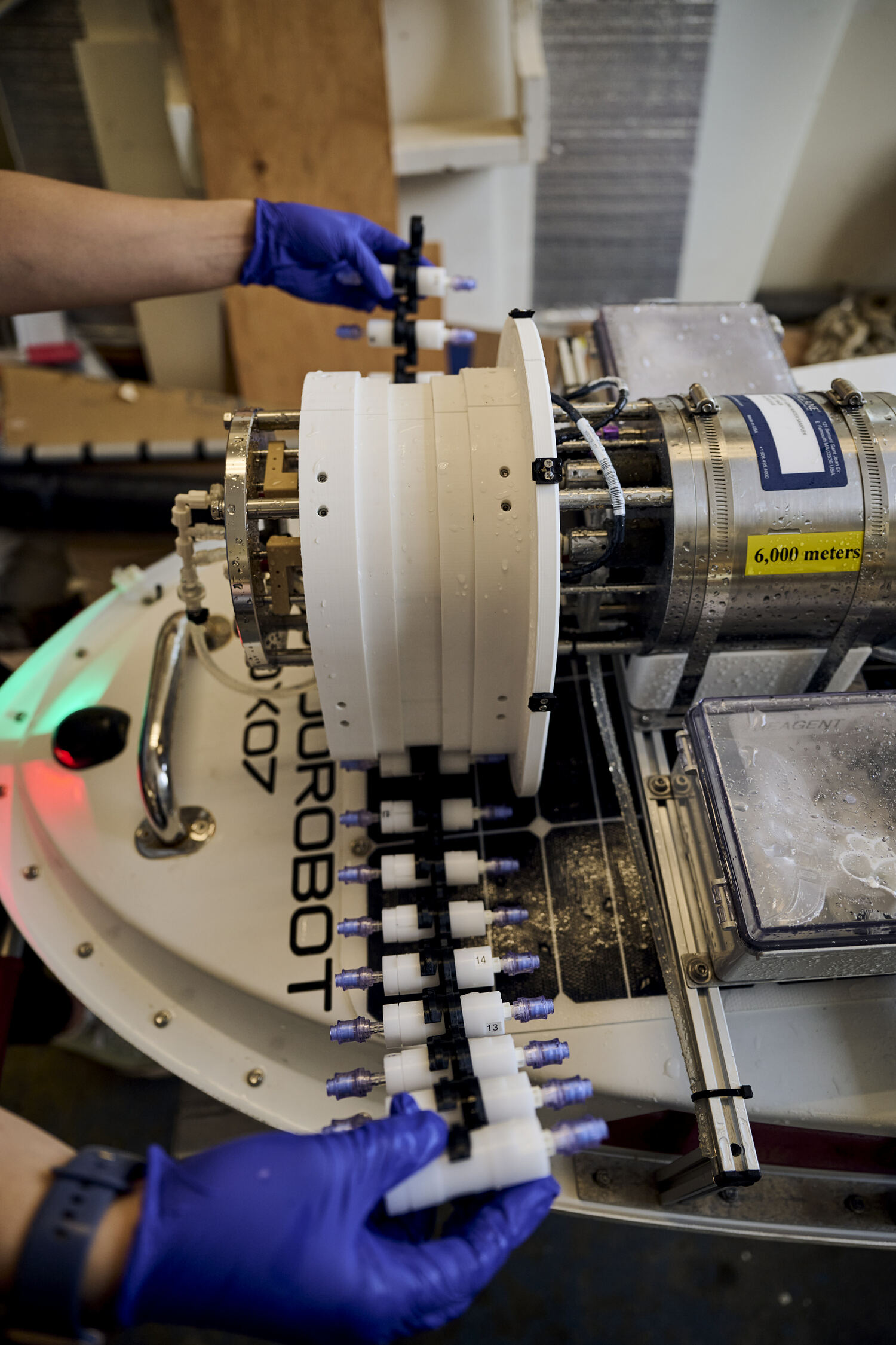 The McLane eDNA sampler, with water cartridges, being prepared for deployment. FELIX KUNZE