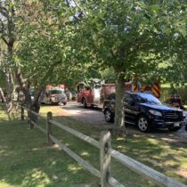 Hildreth Lane in Bridgehampton was closed Friday afternoon as firefighters battled a house fire. STEPHEN J. KOTZ