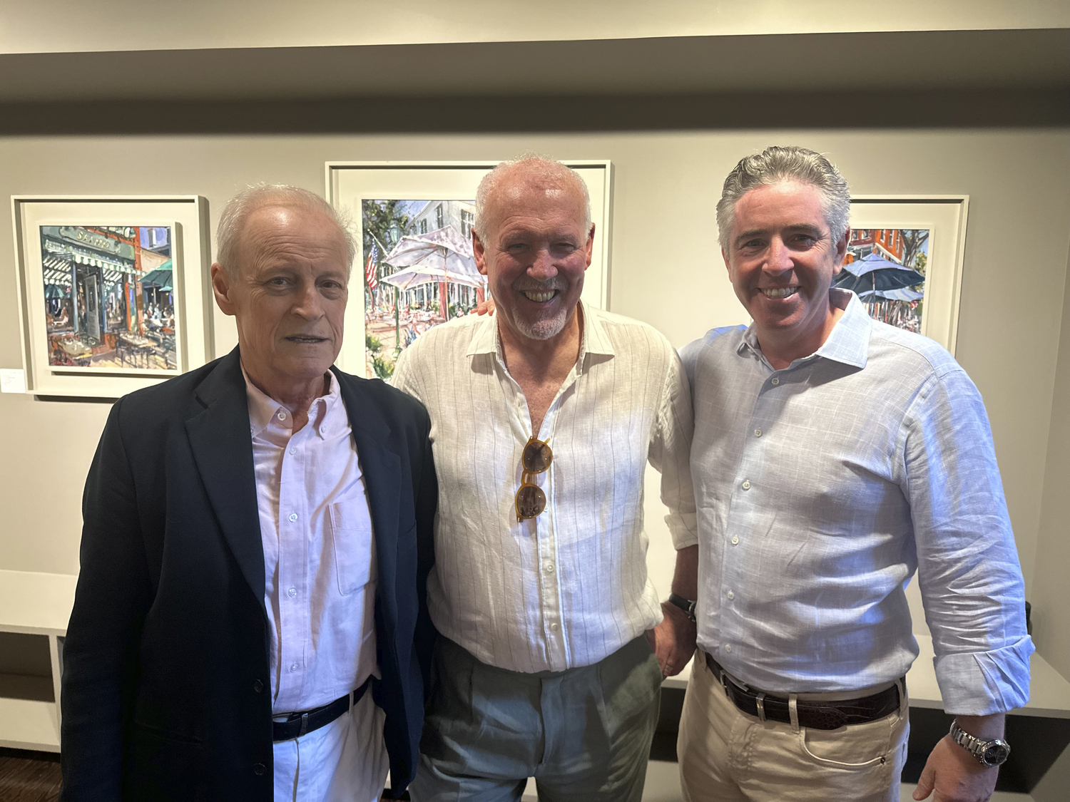 Patrick McMullan, Gerard Byrne and John Slattery at the Slattery Gallery in Southampton.  GREGORY D'ELIA
