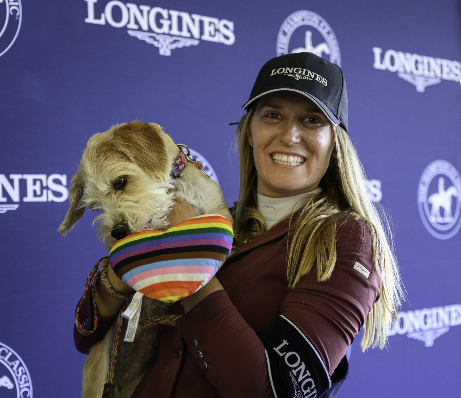 Jessica Mendoza and her dog stole the show in the media lounge during the press conference after the Grand Prix.  MARIANNE BARNETT