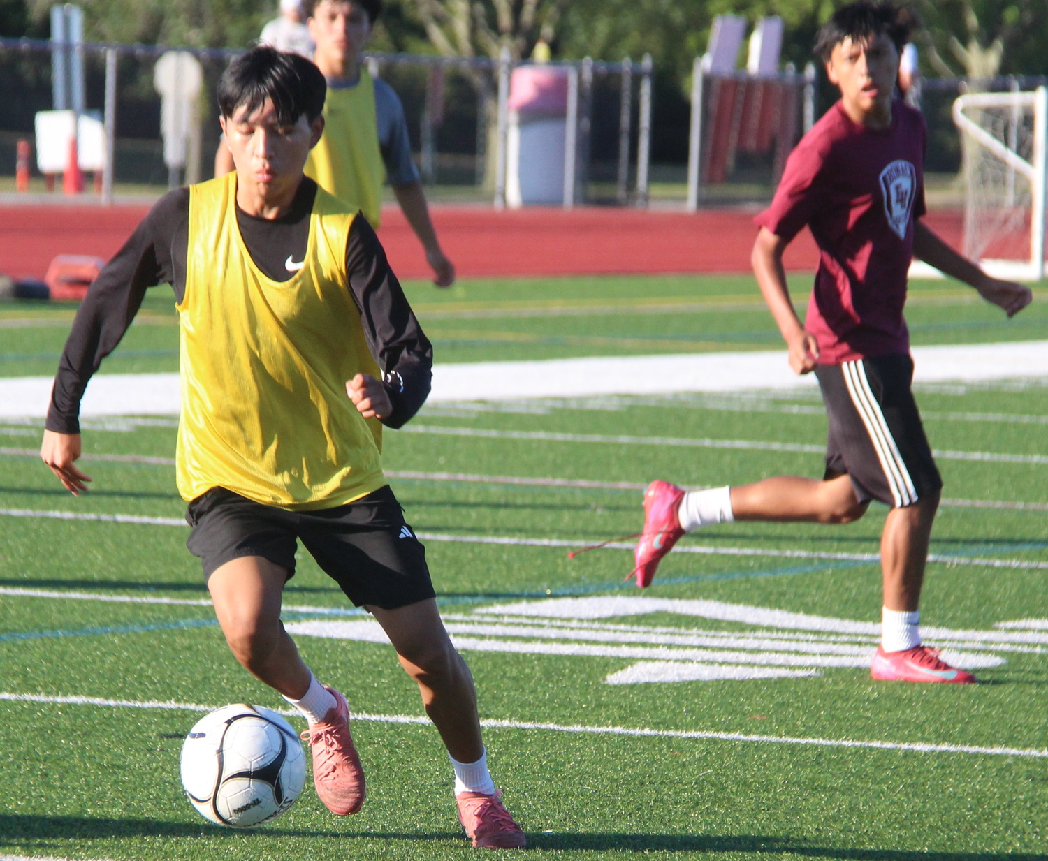 The East Hampton boys soccer team practicing on Saturday morning.  JACK GRAVES