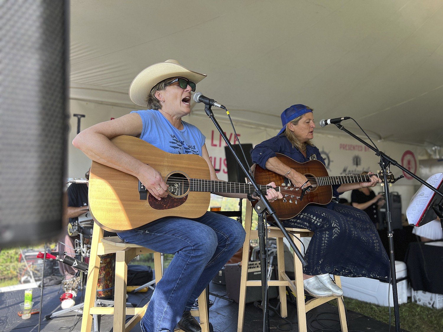Inda Eaton and Nancy Atlas perform in Steinbeck Park on Sunday.  DANA SHAW