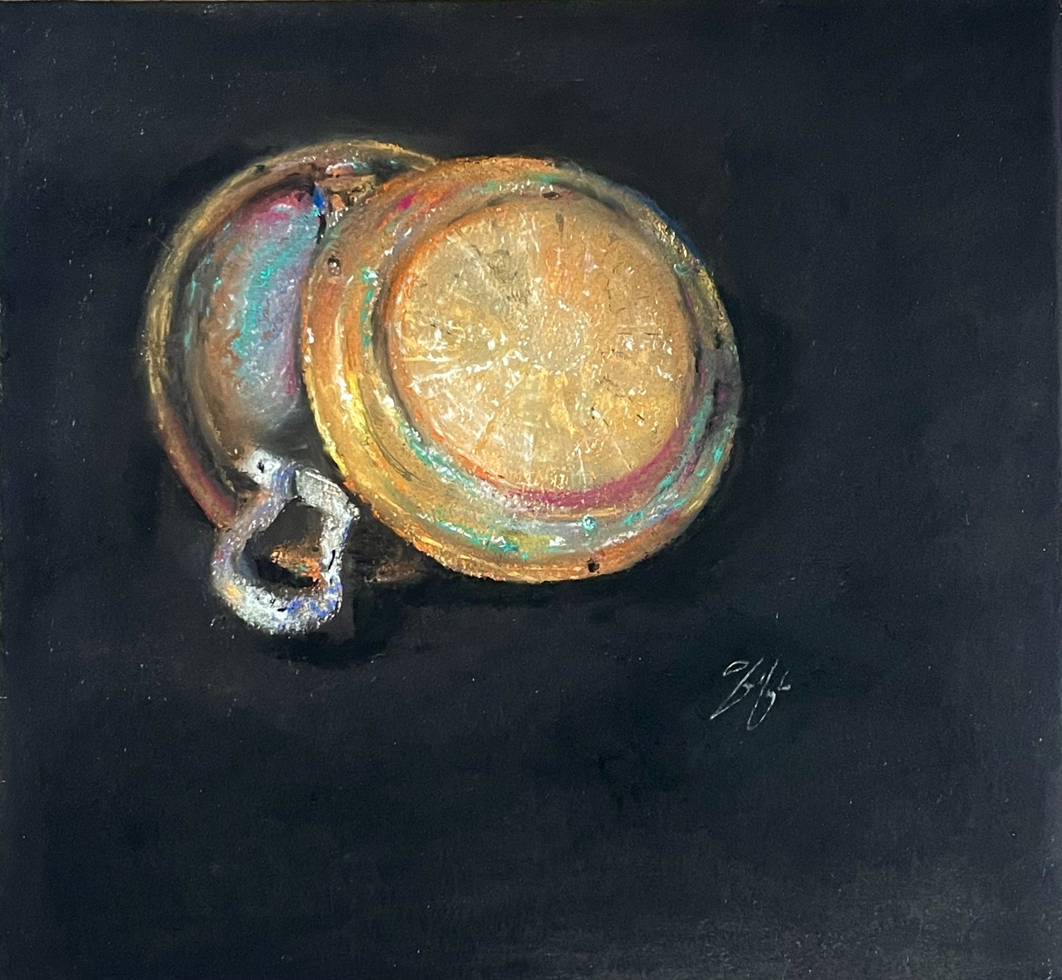 A recent pastel of corroded boat lights and a shackle by Christopher Pfeifle. COURTESY CHRISTOPHER PFEIFLE