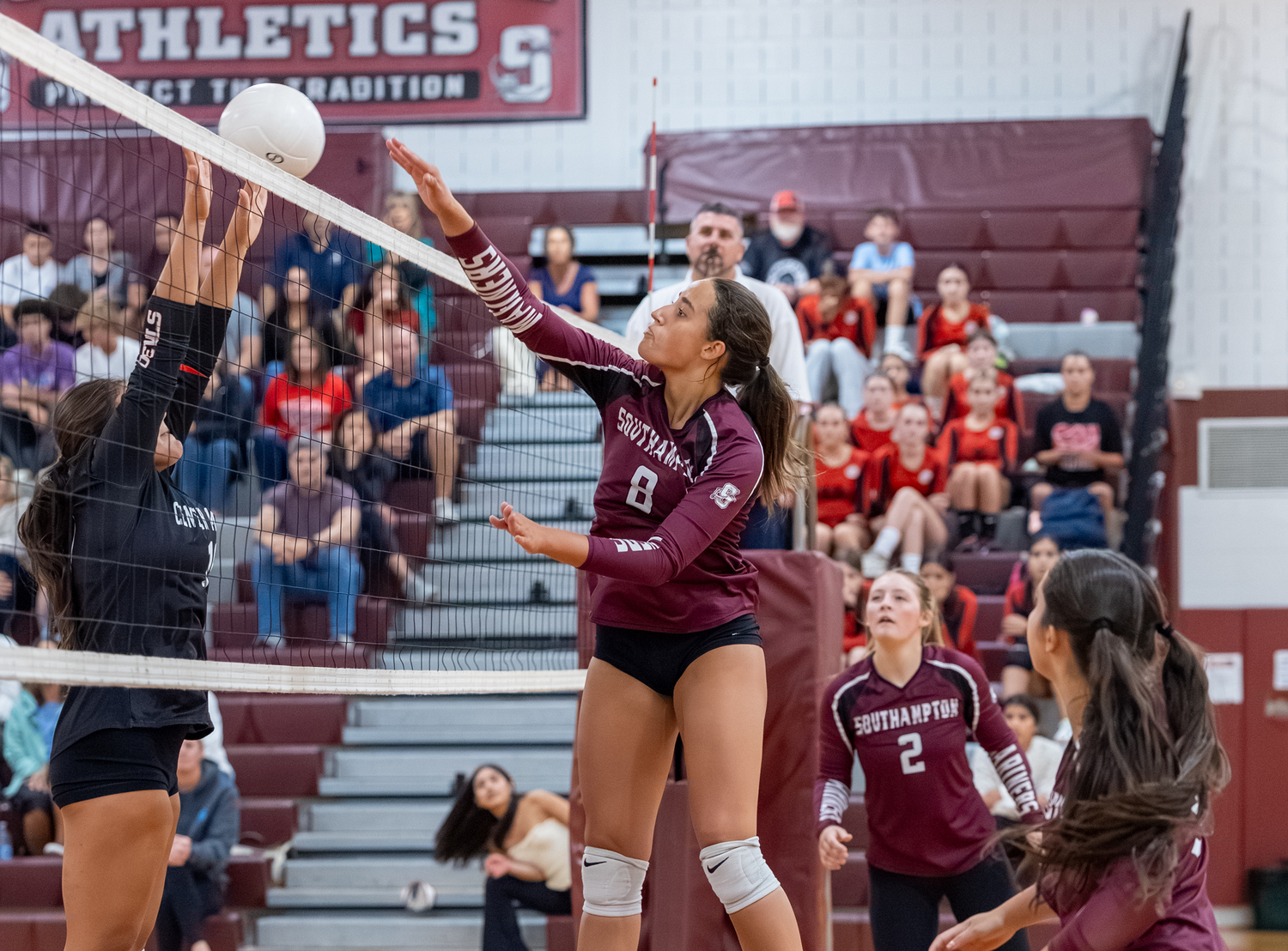Southampton senior captain Bea Pariz has a good look at an incoming ball from the Center Moriches side.  RON ESPOSITO