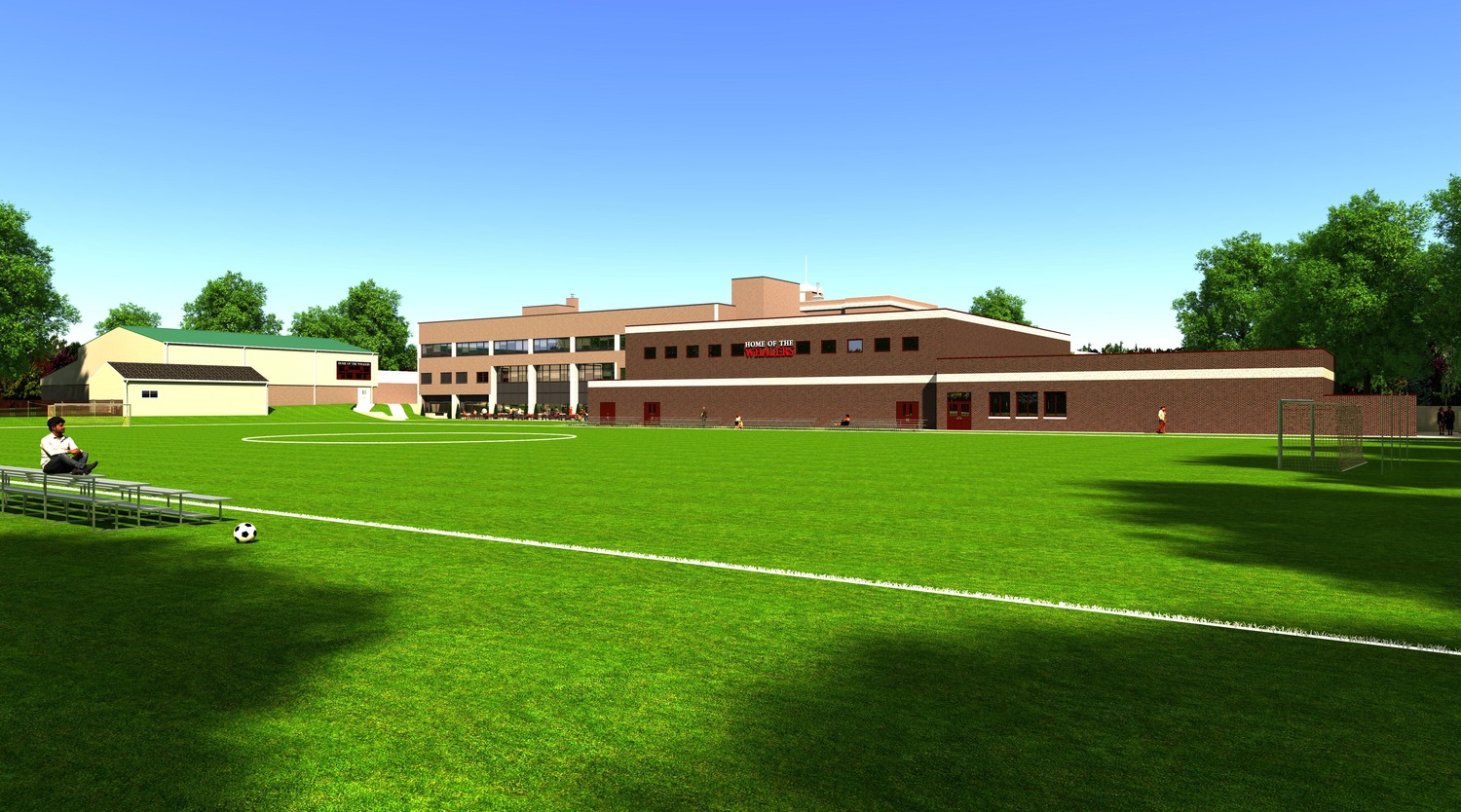 Preliminary renderings show the view for proposed plans to repurpose the current high school gym and build a new one that would not impeded on the athletic field behind the school.