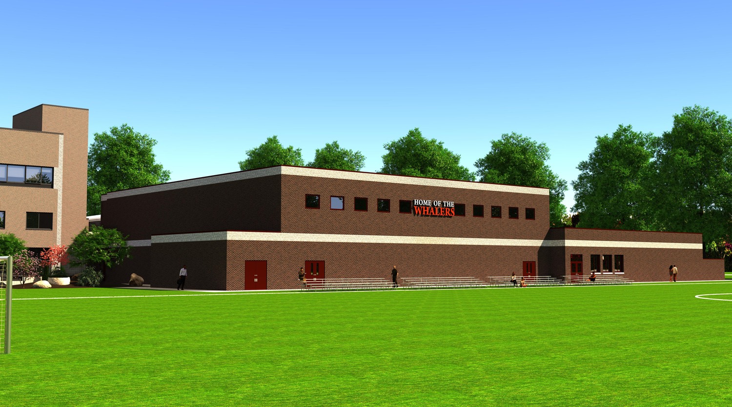 Preliminary renderings show the view for proposed plans to repurpose the current high school gym and build a new one that would not impeded on the athletic field behind the school.