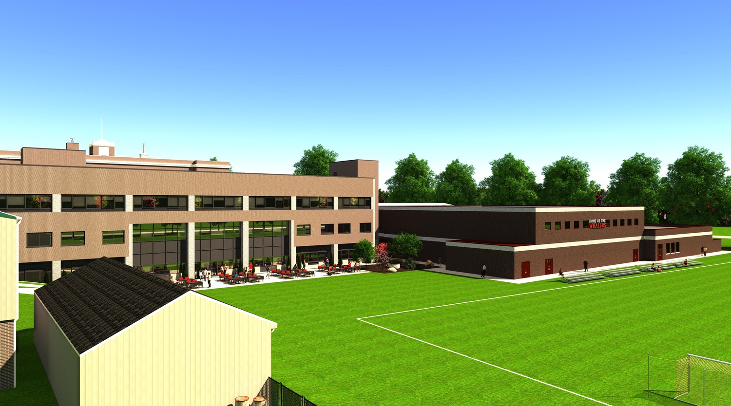 Preliminary renderings show the view for proposed plans to repurpose the current high school gym and build a new one that would not impeded on the athletic field behind the school.