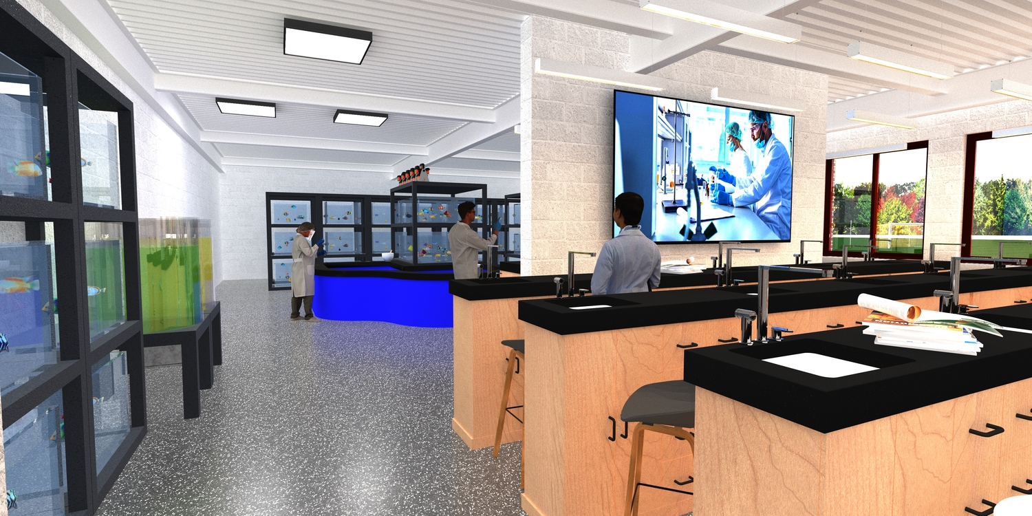 Preliminary architectural renderings show what the proposed bond project for a new gym and wet lab at Pierson would look like.