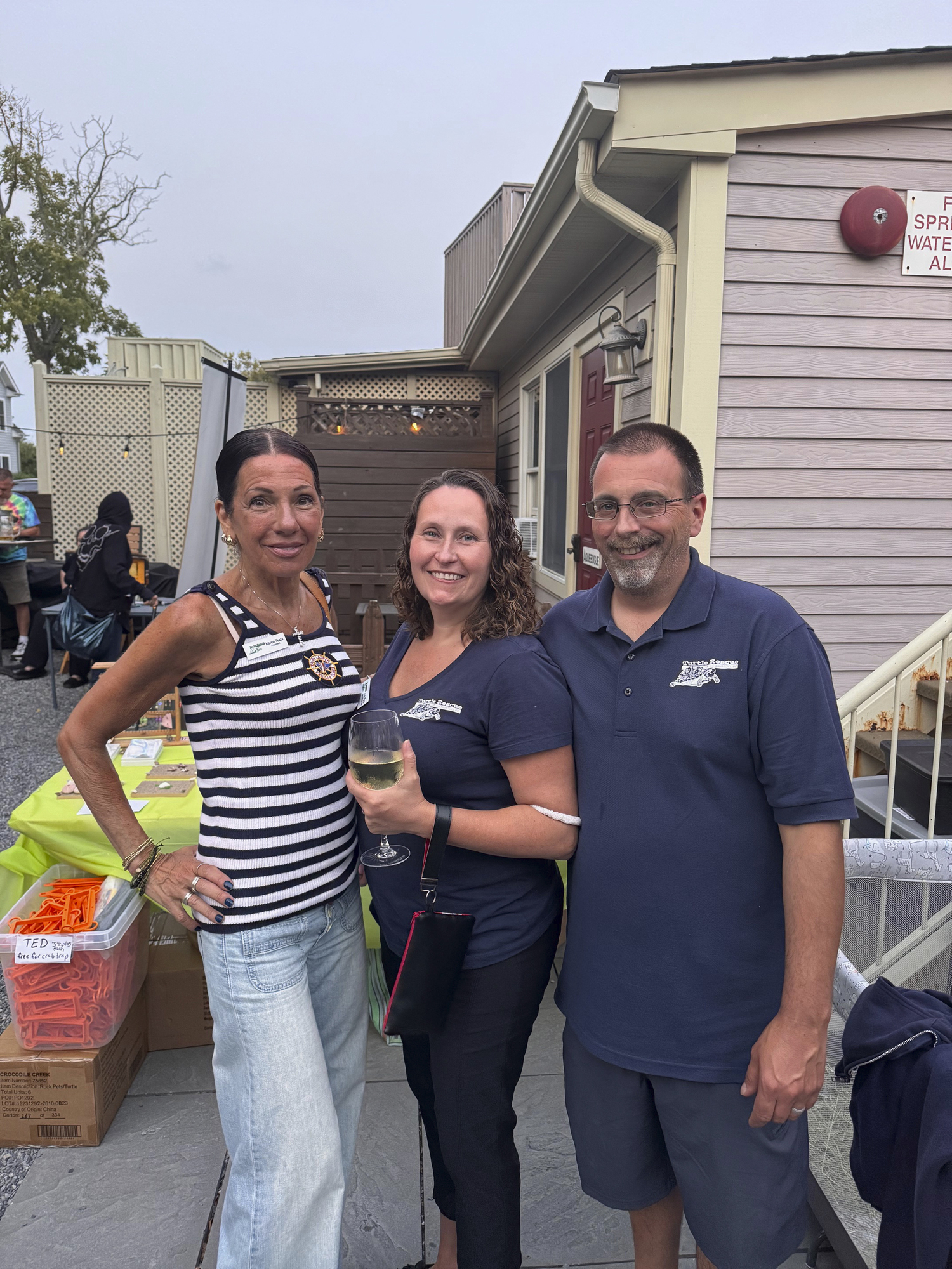 Karen Testa, Jodie Flynn and Anthony Flynn at the Friends for Turtle Rescue of the Hamptons “Shell-a-Bration” fundraiser on September 5 at the Watershed Kitchen and Inn in South Jamesport. The event was a sold-out.  COURTESY TURTLE RESCUE OF THE HAMPTONS