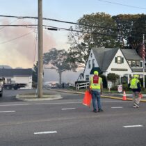A man was taken to Stony Brook University Hospital by medevac helicopter with severe burns after fire broke out at a construction site in Hampton Bays on Wednesday. DANA SHAW