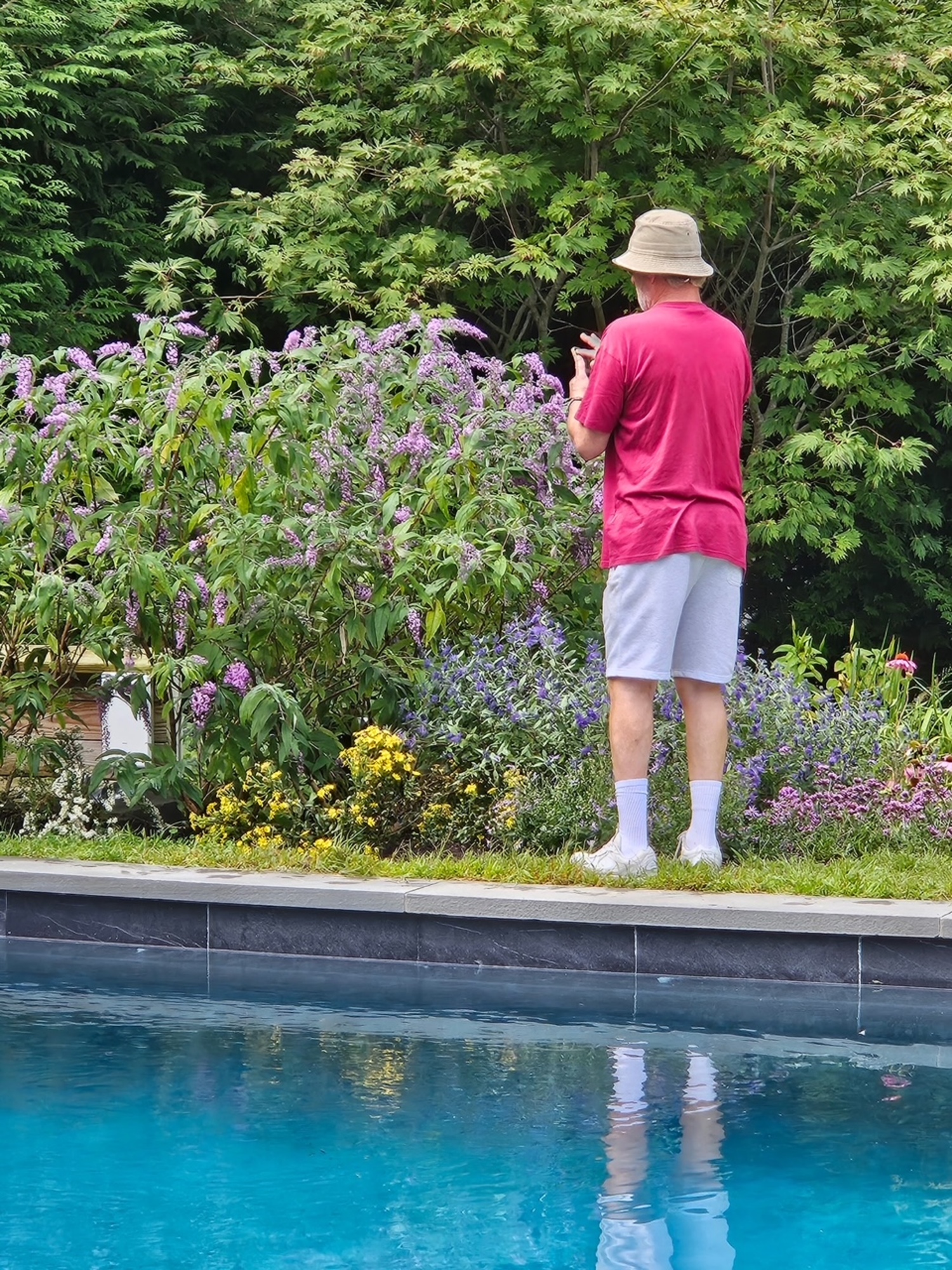 Tourgoers at a pollinator garden adjacent to a pool.   COURTESY WESTHAMPTON GARDEN CLUB