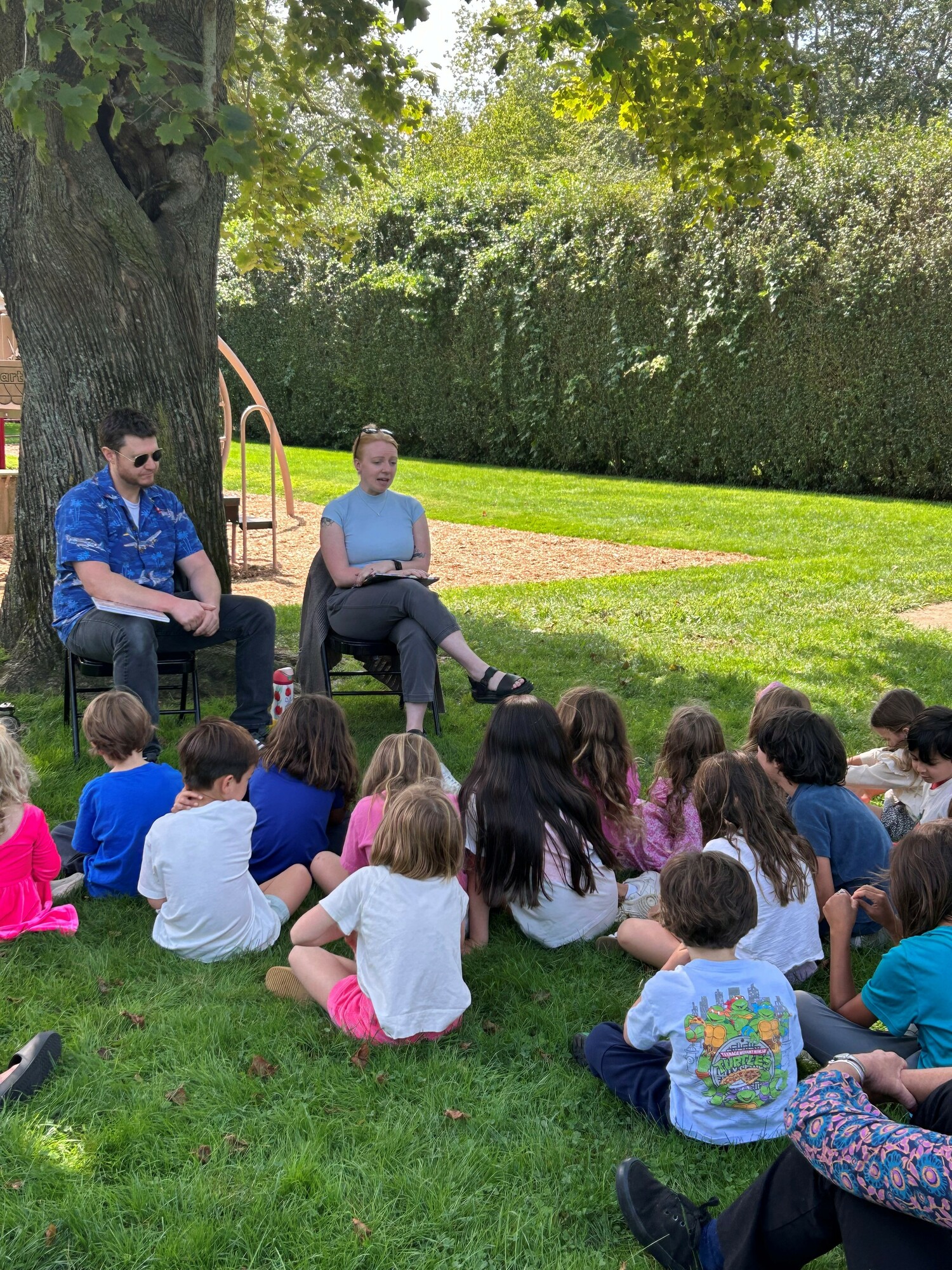 Sagaponack School students made their first visit of the year to the Hampton Library on September 9. During the visit, the librarians read a couple of back-to-school-themed books and conducted an outdoor craft the students. COURTESY SAGAPONACK SCHOOL