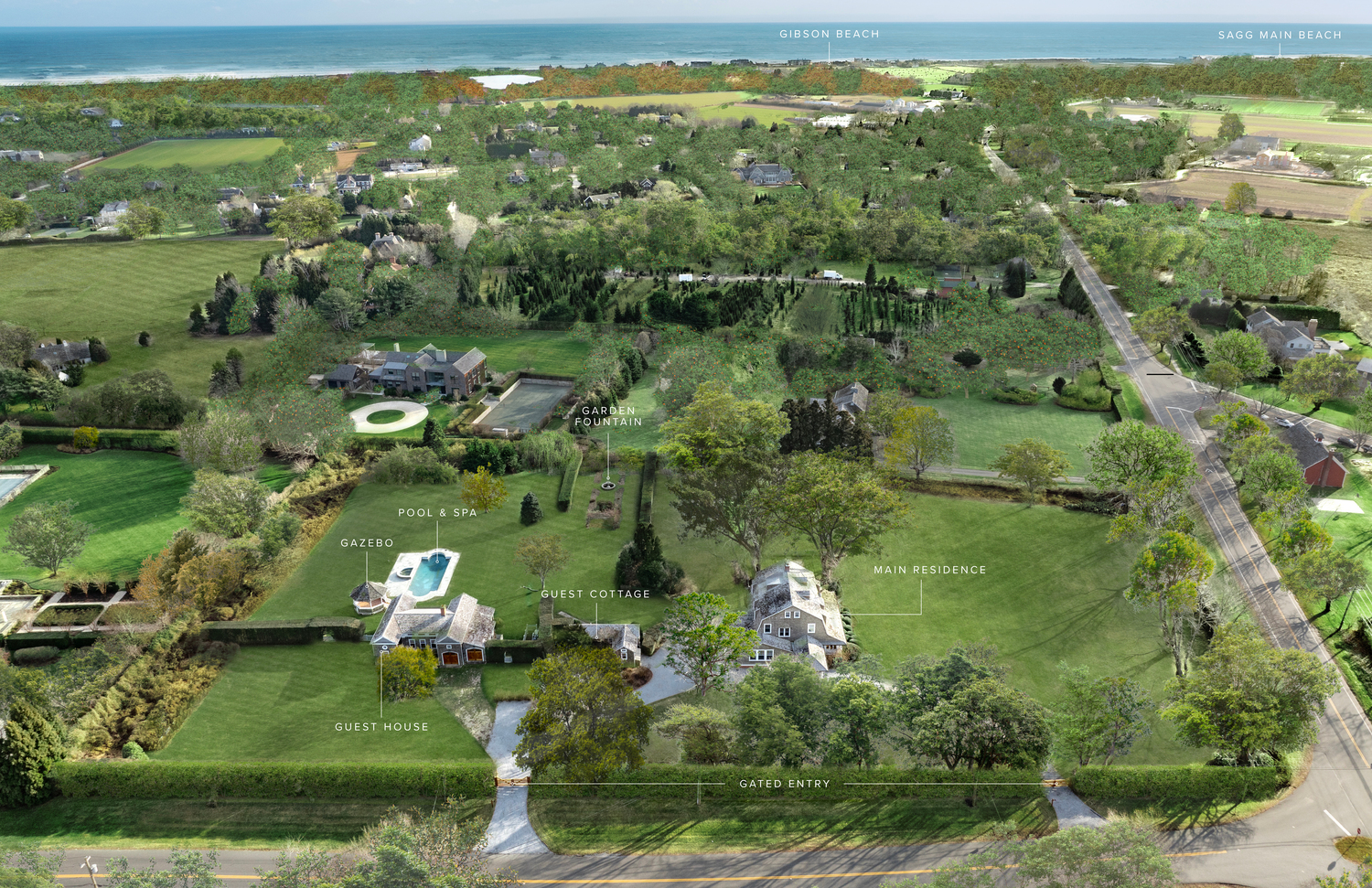 A bird's-eye view of 397 Sagg Main Street in Sagaponack, which recently sold for $13.65M. BESPOKE REAL ESTATE
