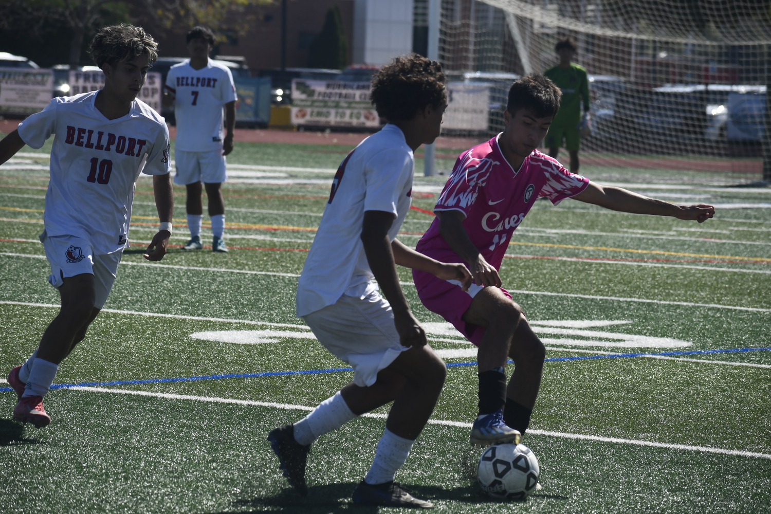 Westhampton Beach junior Anthony Sanchez causes a turnover. Sanchez scored one of the Hurricanes' two goals on Saturday afternoon.  DREW BUDD