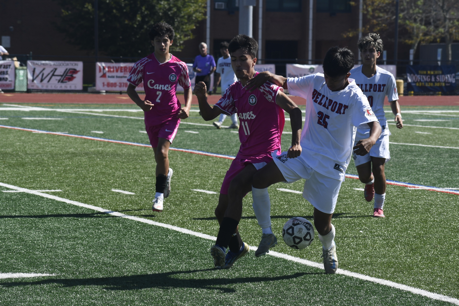 Westhampton Beach junior Anthony Sanchez causes a turnover. Sanchez scored one of the Hurricanes' two goals on Saturday afternoon.  DREW BUDD