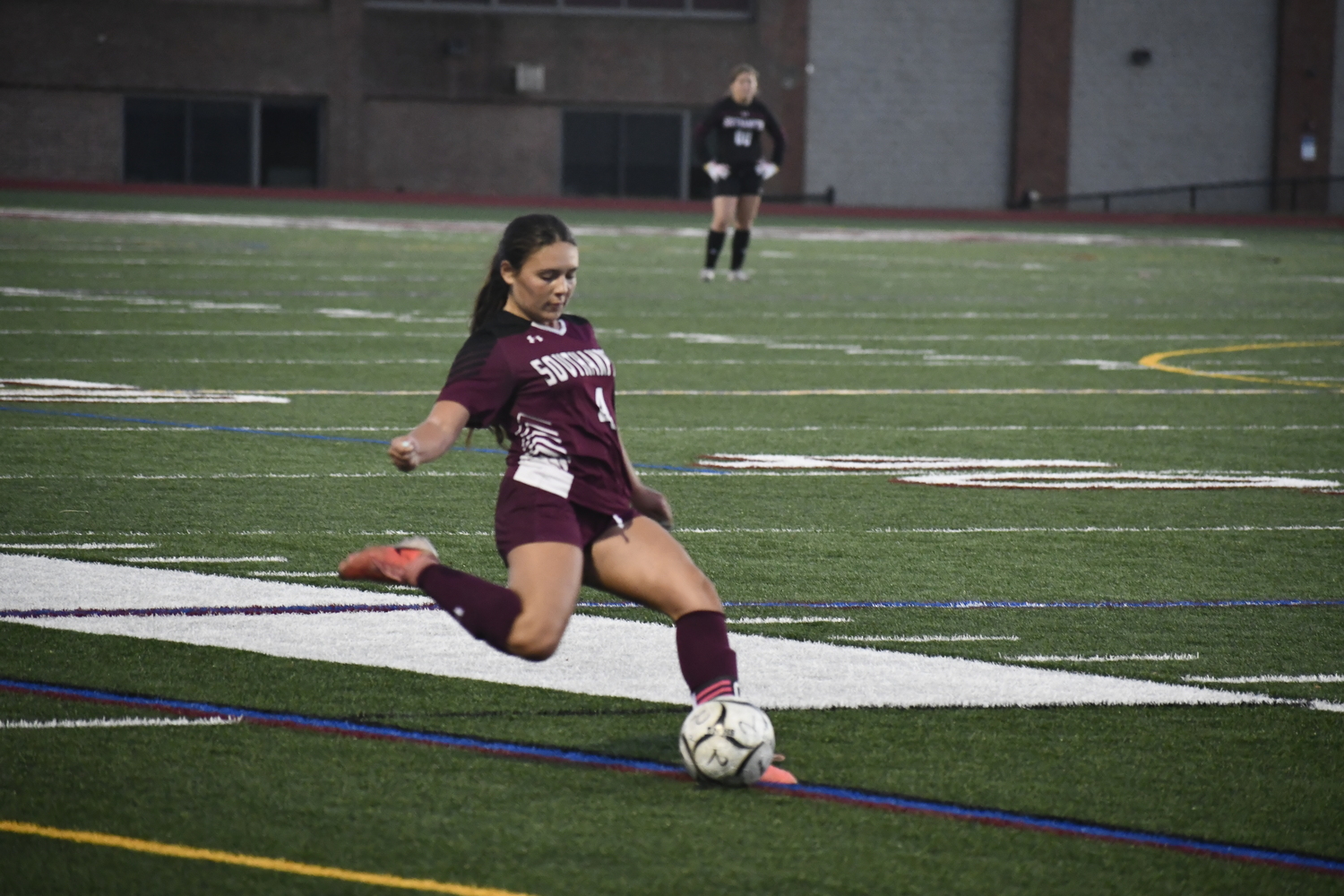 Southampton senior co-captain Emma D'Italia takes a free kick.  DREW BUDD