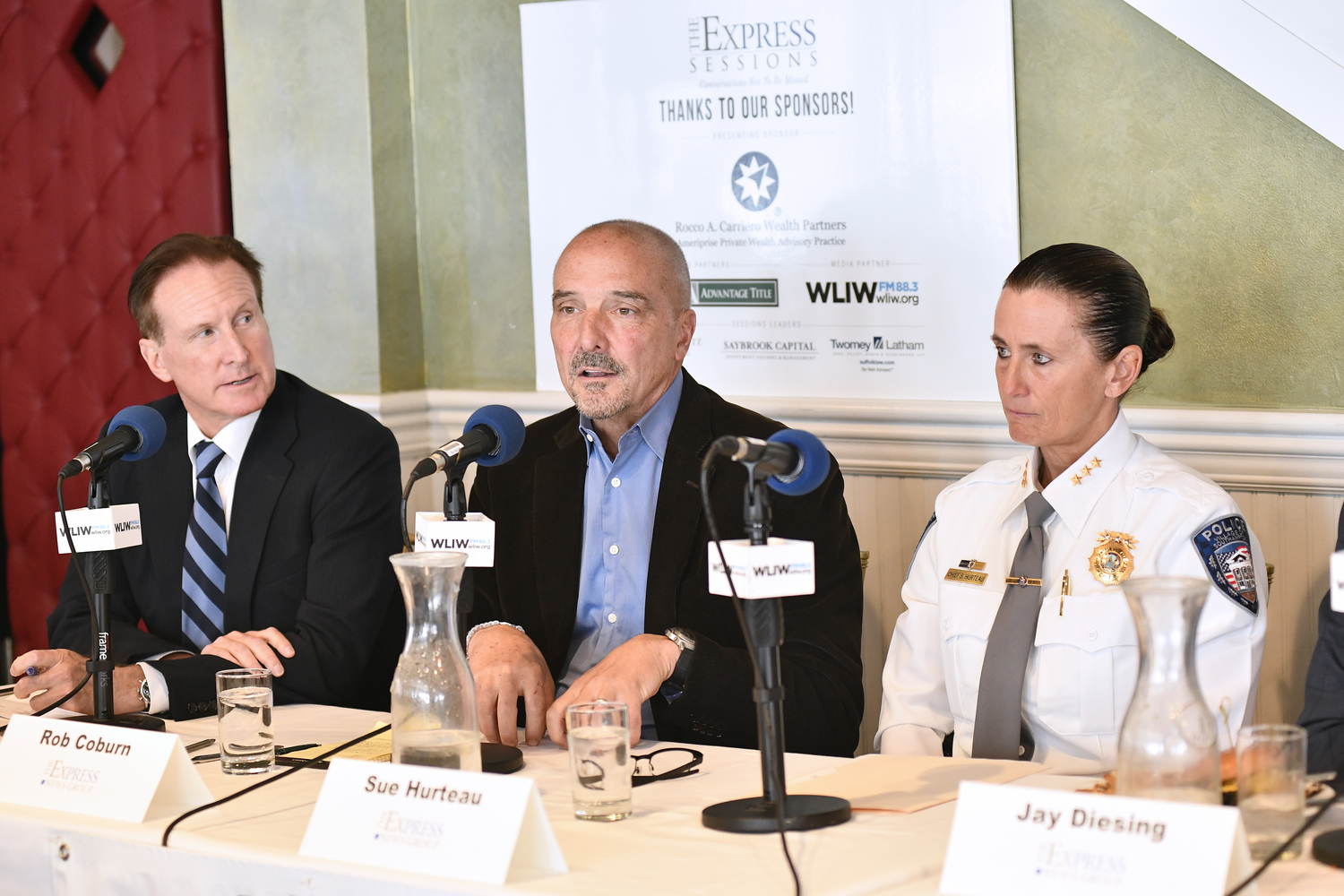 Panelists Southampton Village Mayor Bill Manger, Southampton Village Trustee Rob Coburn and Southampton Village Police Chief Sue Hurteau.   DANA SHAW