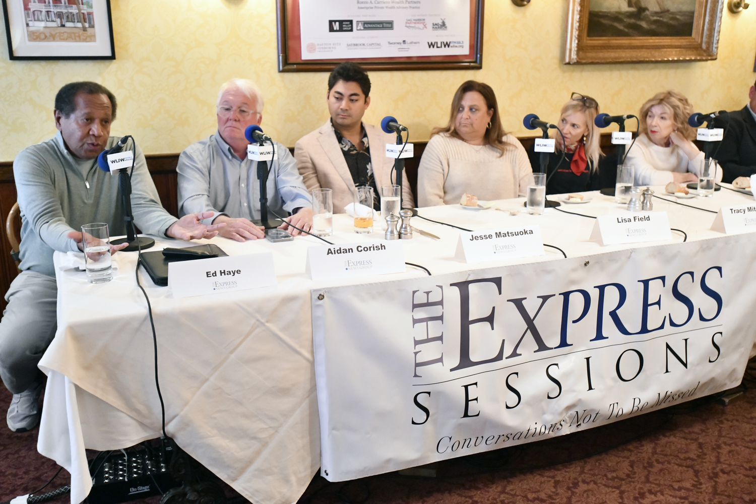 The panel  at the Express News Group's latest “Local Matters” themed Express Sessions panel discussion on Thursday, October 23, at the American Hotel in Sag Harbor.   DANA SHAW