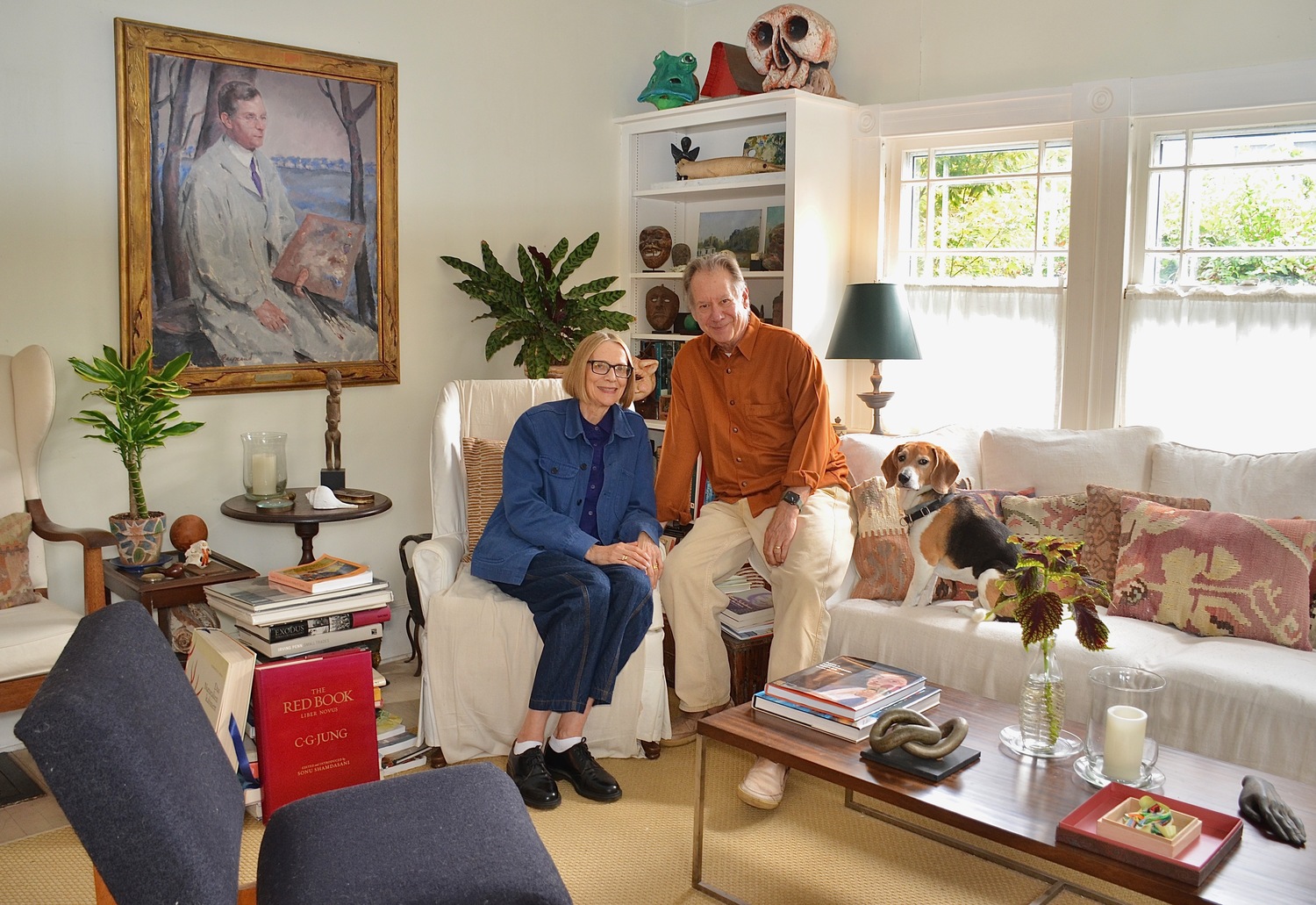 Eva Faye and Abby Terkuhle with their dog, Charlie, at their home in Bridgehampton. KYRIL BROMLEY