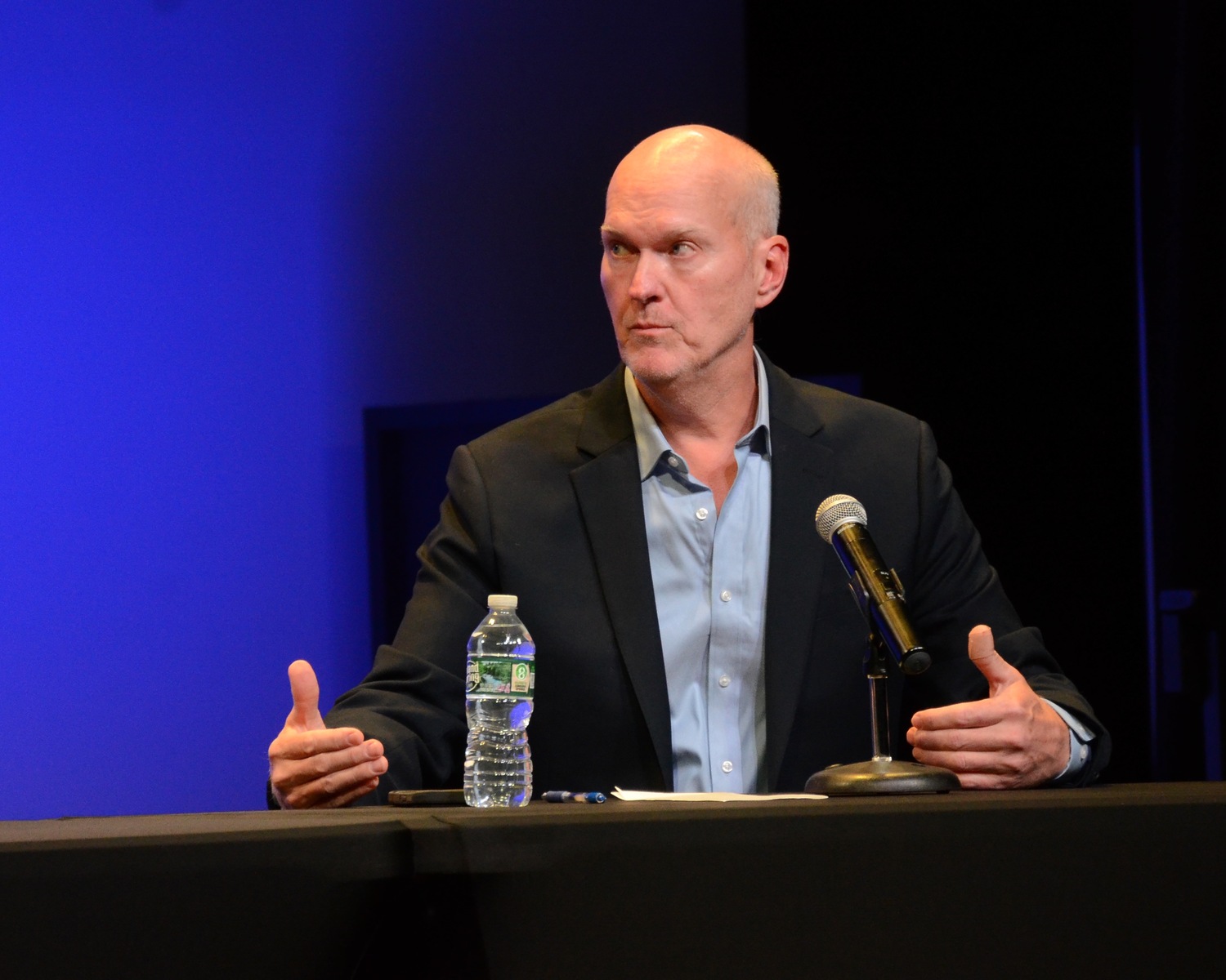 Michael Hansen, a Democrat running for East Hampton Town Clerk, engages in a discussion at a debate held at LTV Studios and moderated by The Express News Group on Monday night. KYRIL BROMLEY