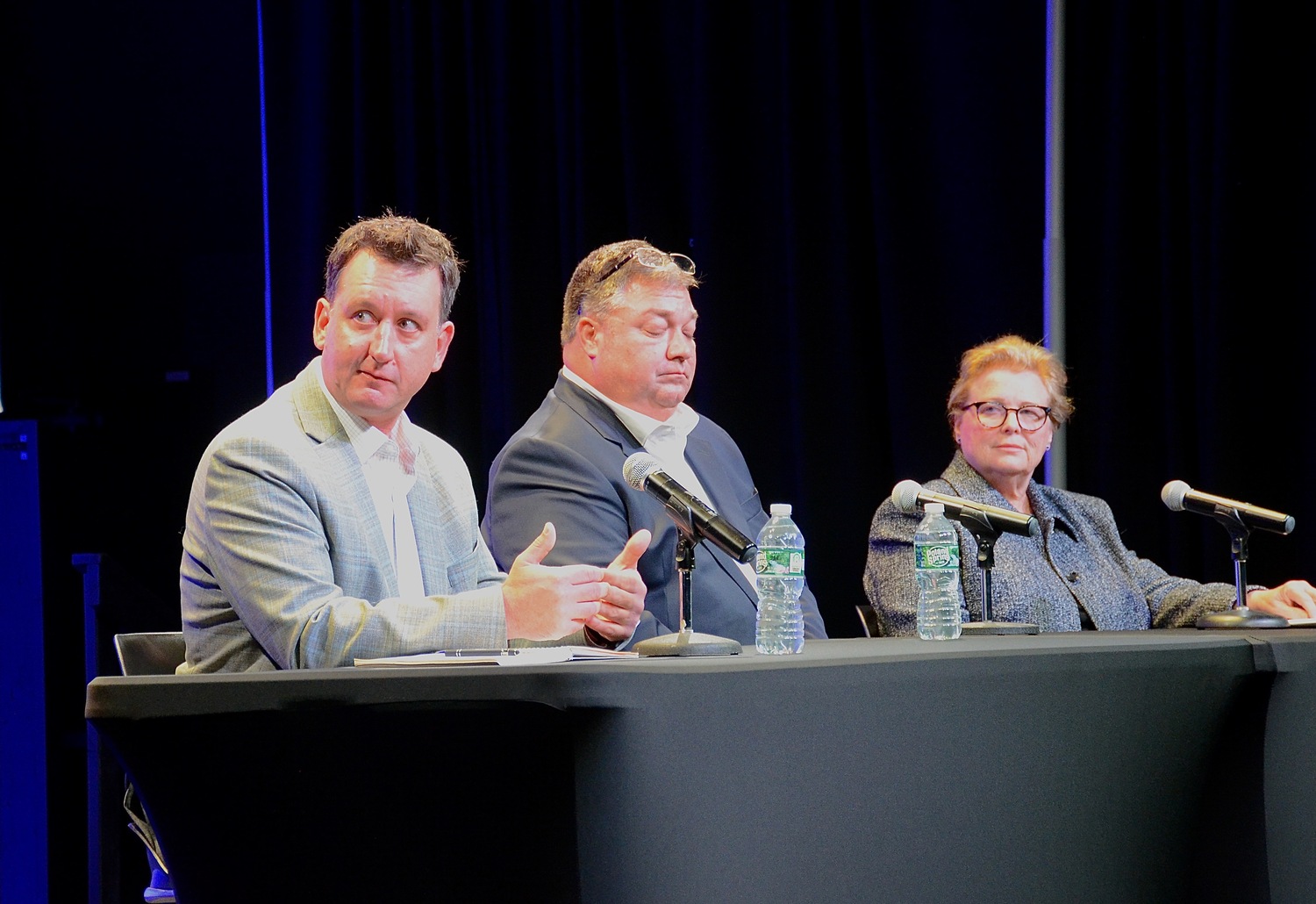 From left: Councilman Ian Calder-Piedmonte, J.P. Foster and Councilwoman Cate Rogers. The three candidates, who are vying for two seats on the East Hampton Town Board, met for a debate at LTV Studios moderated by The Express News Group on Monday night. KYRIL BROMLEY