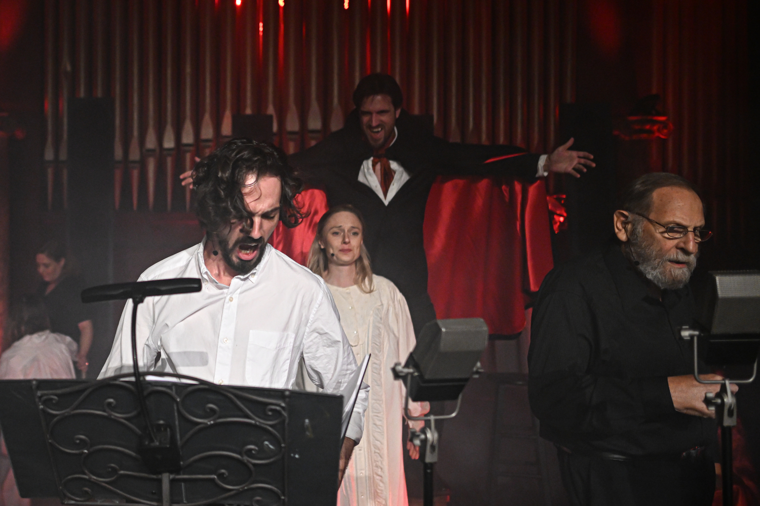 Jonathan Harker (Taylor Tybarert), Dracula (Tim Ferris), Mina Harker (Mary Sabo) and Abraham Van Helsing (Daniel Becker) in Center Stage's production of 