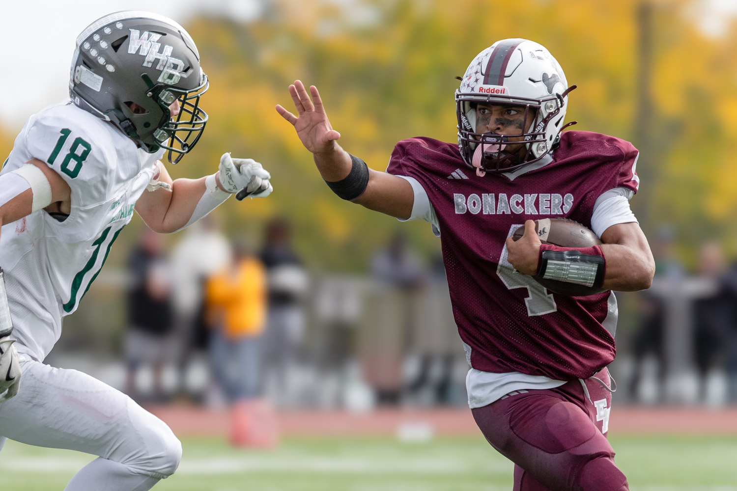 Bridgehampton senior Alex Davis is ready to defend himself against incoming Westhampton Beach junior Lee Debellis.  RON ESPOSITO