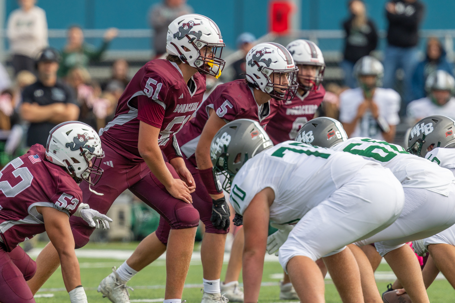 Jake Rivera (52), James Corwin (51), Jackson Ronick (5) and Charlie Stern (9), ready to take on the vaunted Westhampton Beach offensive line.  RON ESPOSITO