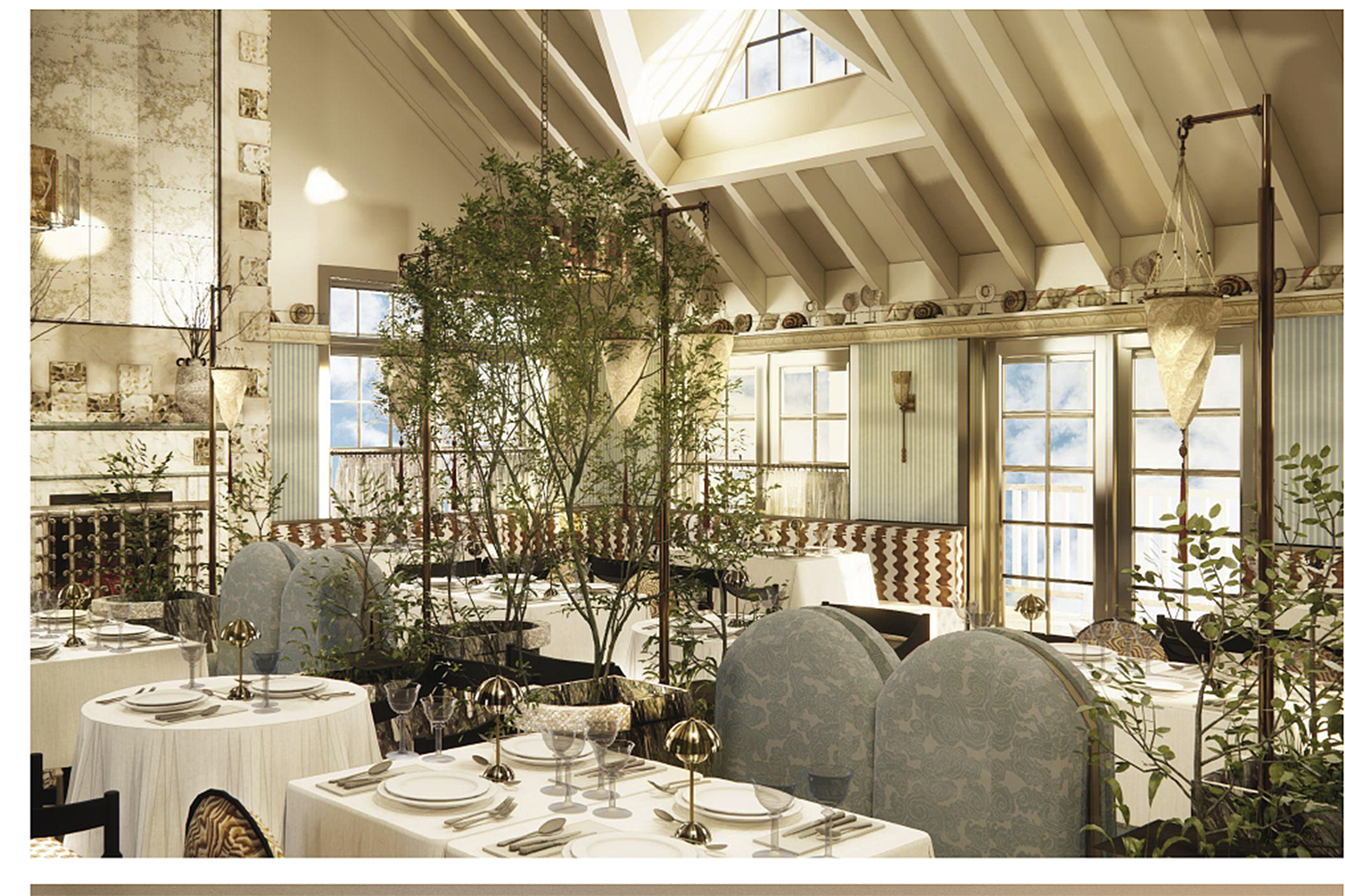 A rendering of the dining room at Faraway Sag Harbor, which will open at the former Baron's Cove property next year. COURTESY FARAWAY SAG HARBOR