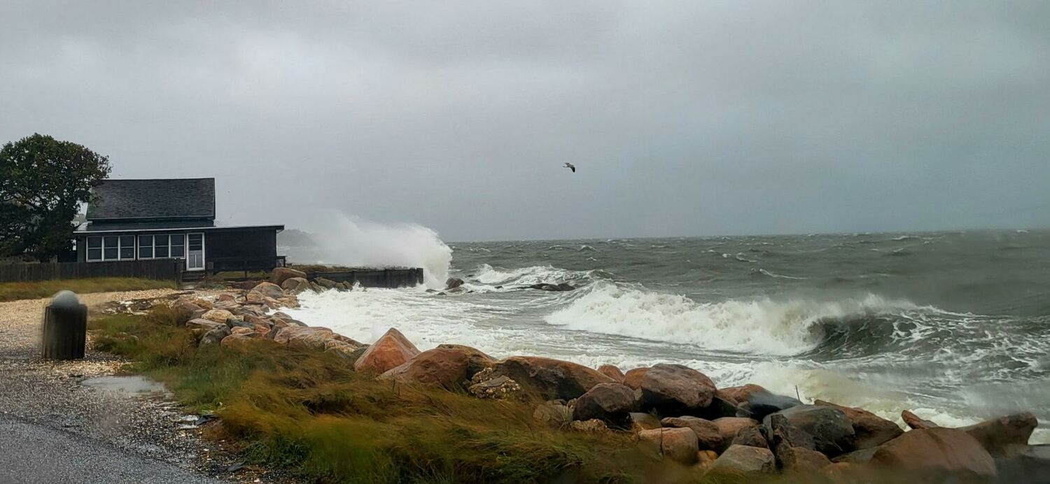 Wind-driven waves lashed Gerad Drive in Springs during the nor-easter. COURTESY JOSHUA BORSACK