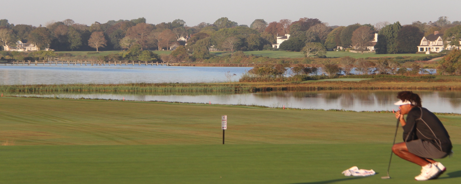 A nice place to contemplate a putt: Morgan Riley of Harvard on Maidstone's first green.  JACK GRAVES