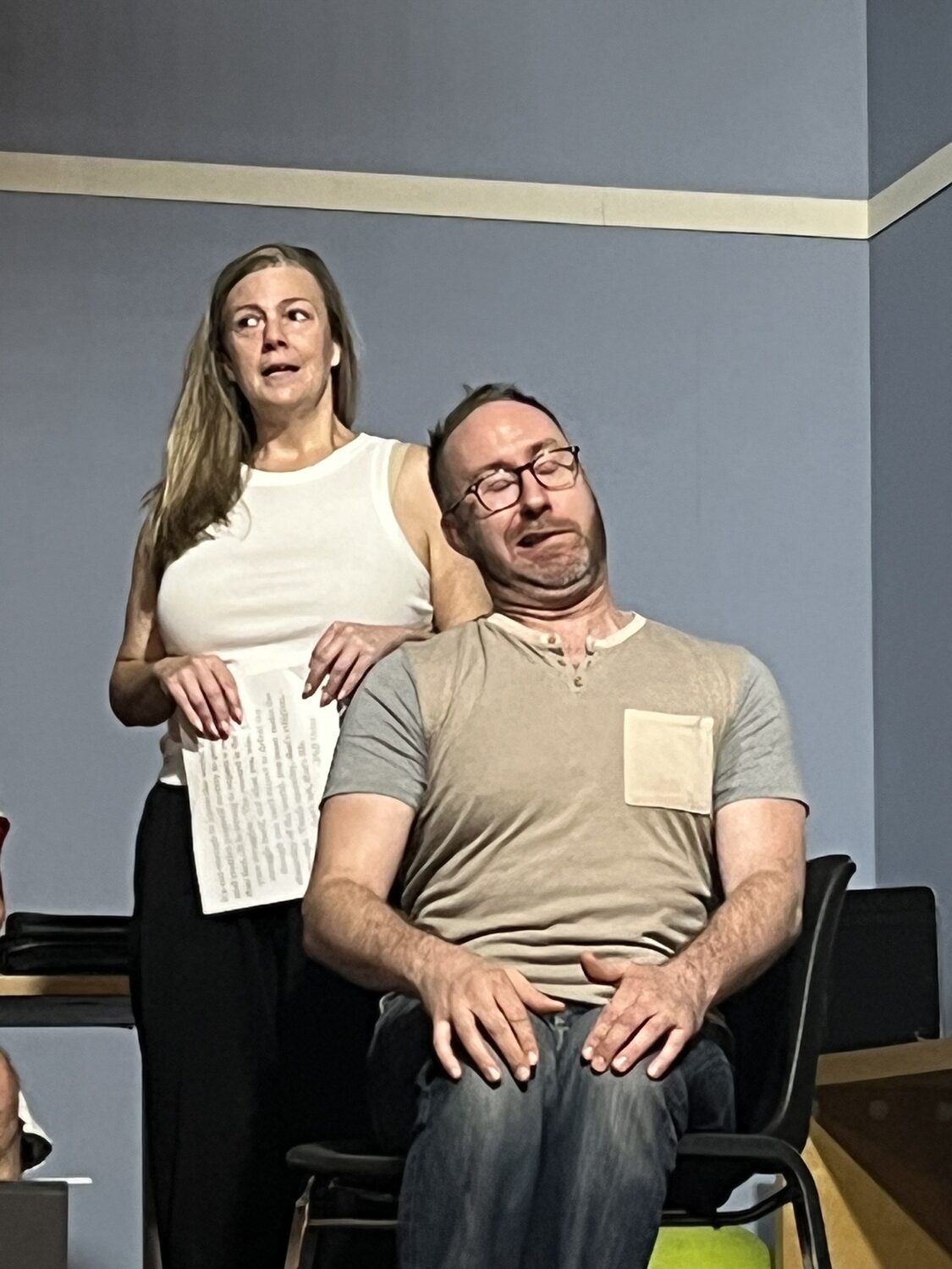 Lindsey Sanchez and Scott Joseph Butler rehearse for Hampton Theatre Company's staging of 