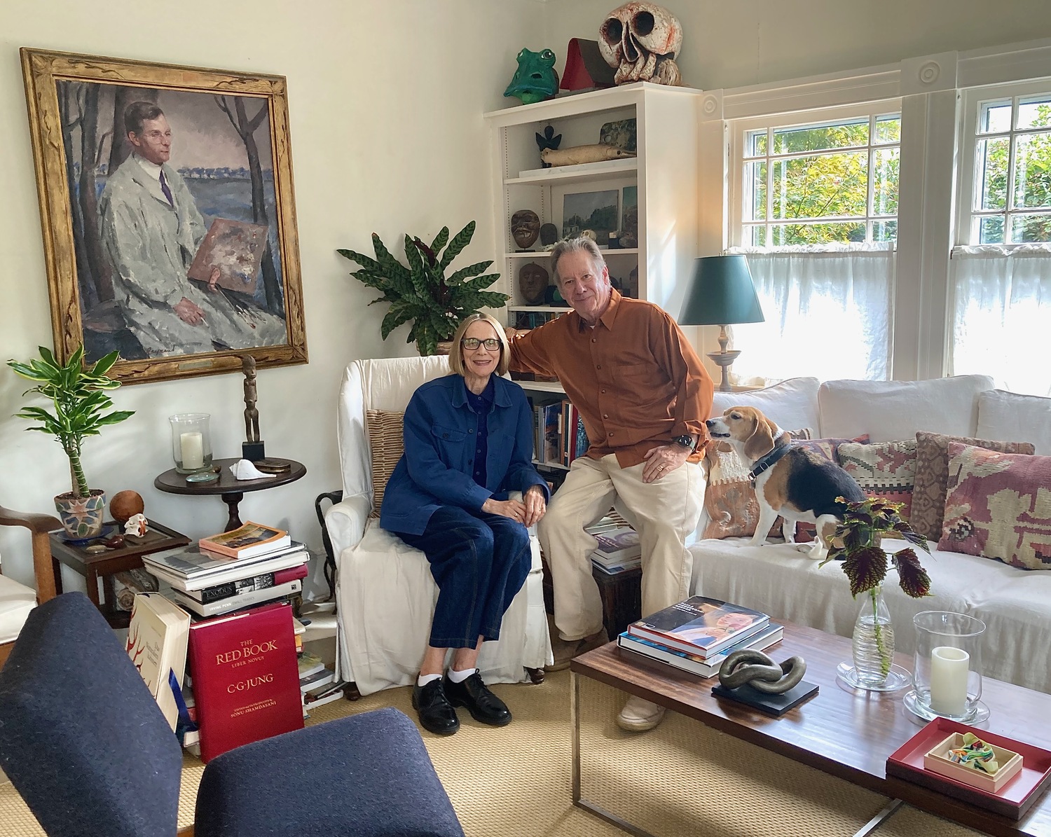 Eva Faye and Abby Terkuhle with their dog, Charlie, at their home in Bridgehampton. KYRIL BROMLEY