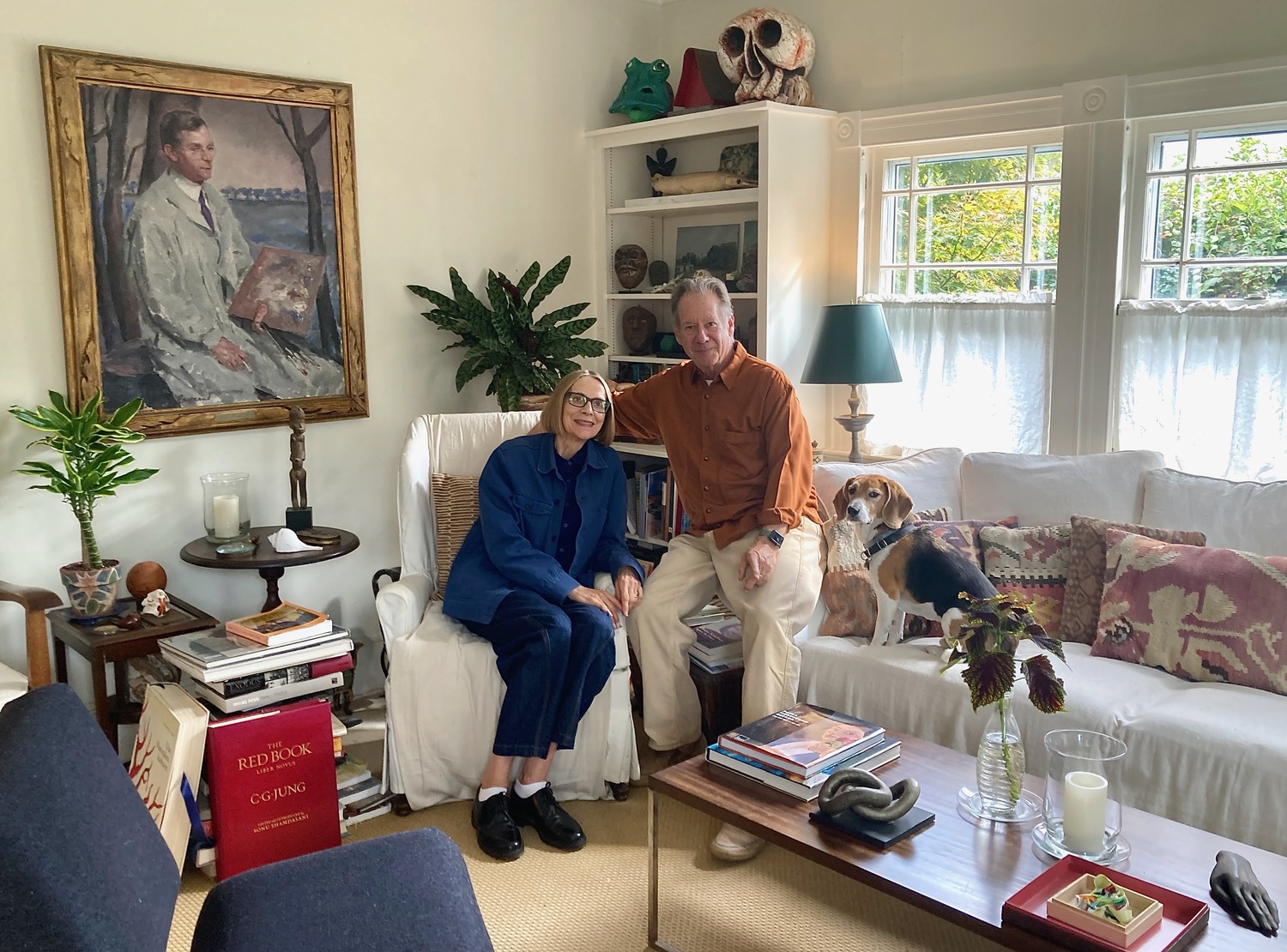 Eva Faye and Abby Terkuhle with their dog, Charlie, at their home in Bridgehampton. KYRIL BROMLEY