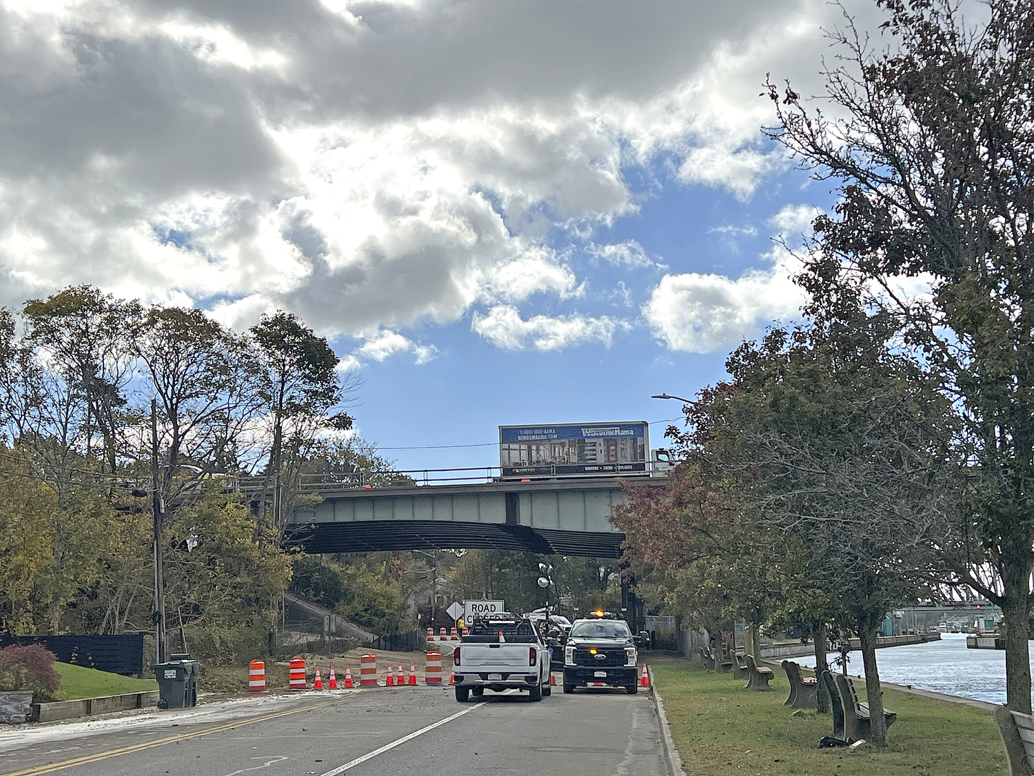 Heavy rainfall on Thursday night caused severe erosion beneath the westbound lanes of Sunrise Highway at the Shinnecock Canal, forcing the state Department of Transportation to close the roadway. Only very limited number of cars are being allowed to flow west on the highway using the road's shoulder.    DANA SHAW