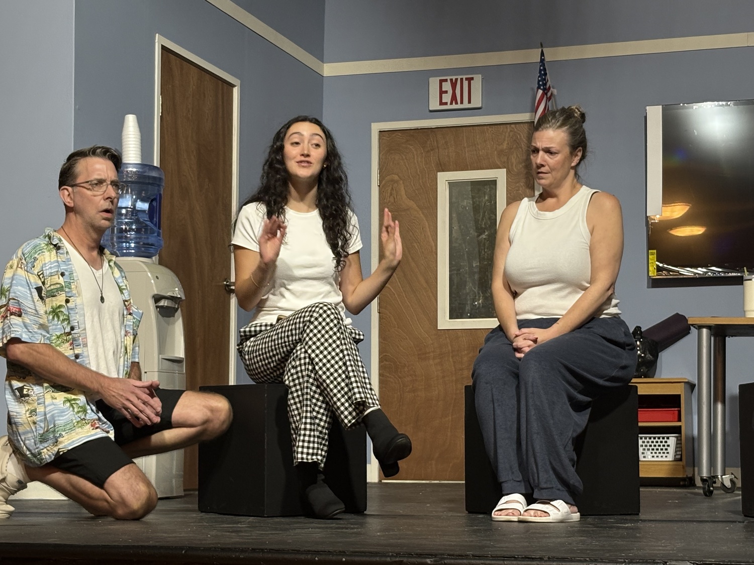 Jason Moreland, Molly Brennan and Lindsey Sanchez rehearse for Hampton Theatre Company's staging of 