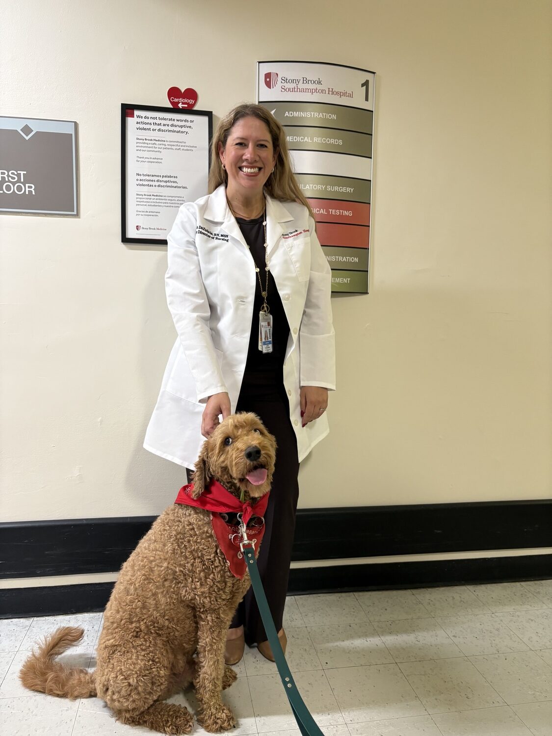 Linda DuZuburia, Director of Nursing at Stony Brook Southampton Hospital, with Cooper. CAILIN RILEY