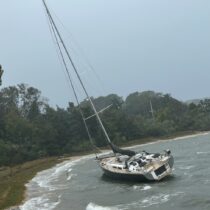 A sailboat broke free of its mooring and ran aground in North Haven during the weekend's nor-easter.