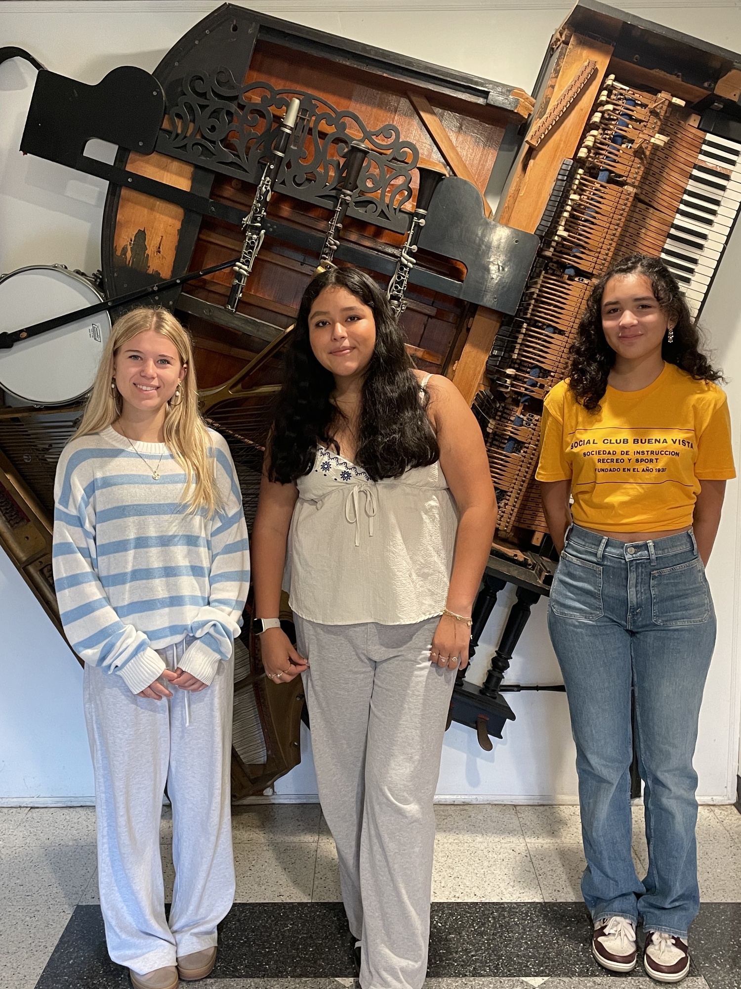 Three Pierson High School students — Allison Cottrell, Ashley Buestan Perez and Savannah Romano — have been selected for the prestigious NYSCAME High School All-County Festival, with Savannah also earning a place in the NYSSMA All-State Symphony Orchestra. COURTESY SAG HARBOR SCHOOL DISTRICT