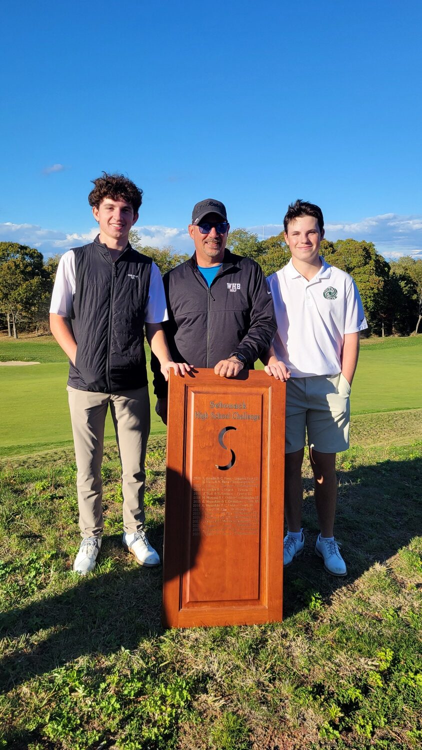 Danny Schumacher, head coach Fred Musumeci and Zach Berger after they won the Sebonack Challenge on Friday.  DREW BUDD