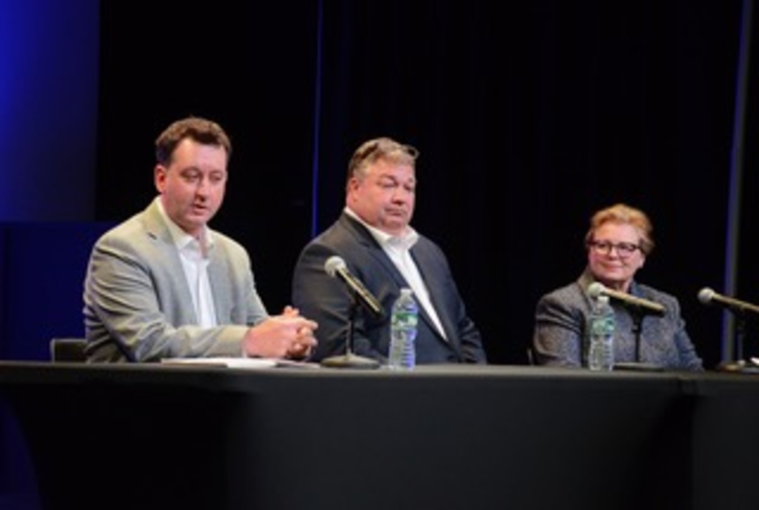 The three candidates at the debate on Monday night. From left: Councilman Ian Calder-Piedmonte, J.P. Foster and Councilwoman Cate Rogers. KYRIL BROMLEY