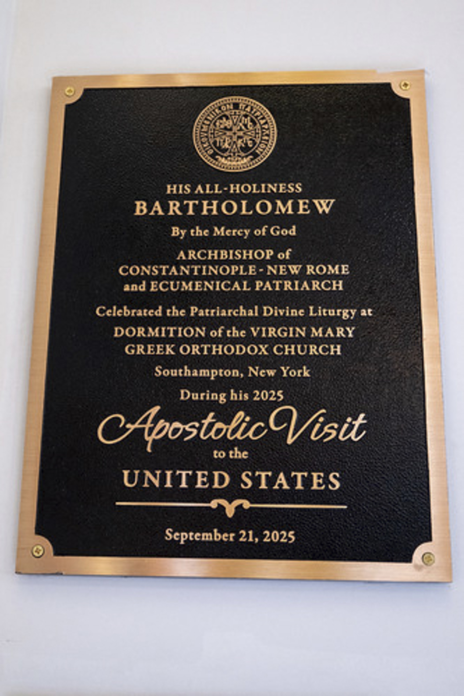 His All-Holiness Ecumenical Patriarch Bartholomew, the global leader of the Greek Orthodox Church, celebrated the Divine Liturgy at Dormition of the Virgin Mary Greek Orthodox Church of the Hamptons last week during his visit to the area. He conferred the title Megas Protoprebyteros of the Holy and Great Church of Christ upon Father Alexander Karloutsos and elevatd the church to the status of Cathedral.    Courtesy Dormition of the Virgin Mary Greek Orthodox Church of the Hamptons