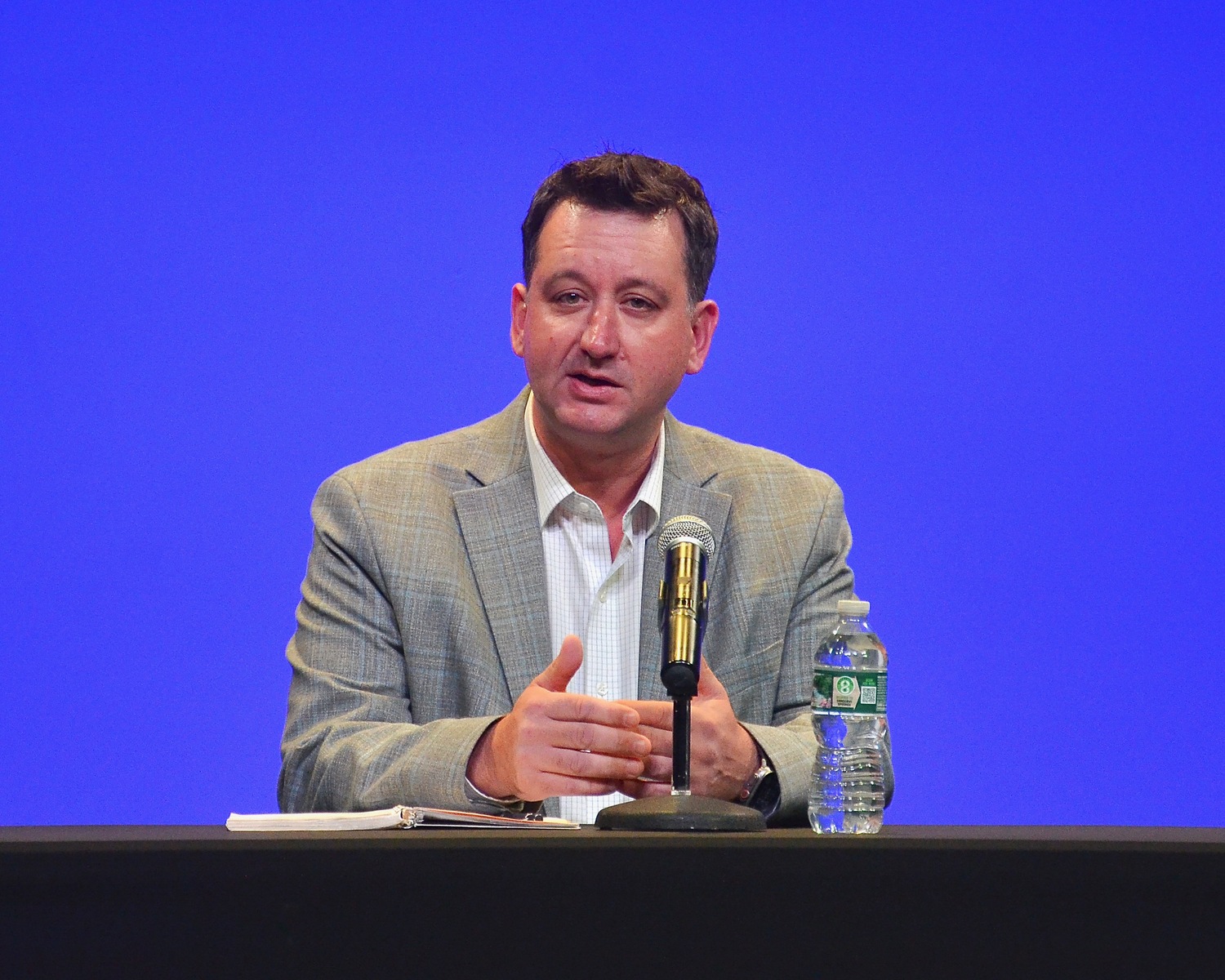 Ian Calder-Piedmonte, an incumbent Democrat running for East Hampton Town Board, at a debate held at LTV Studios and hosted by The Express News Group on Monday night. KYRIL BROMLEY