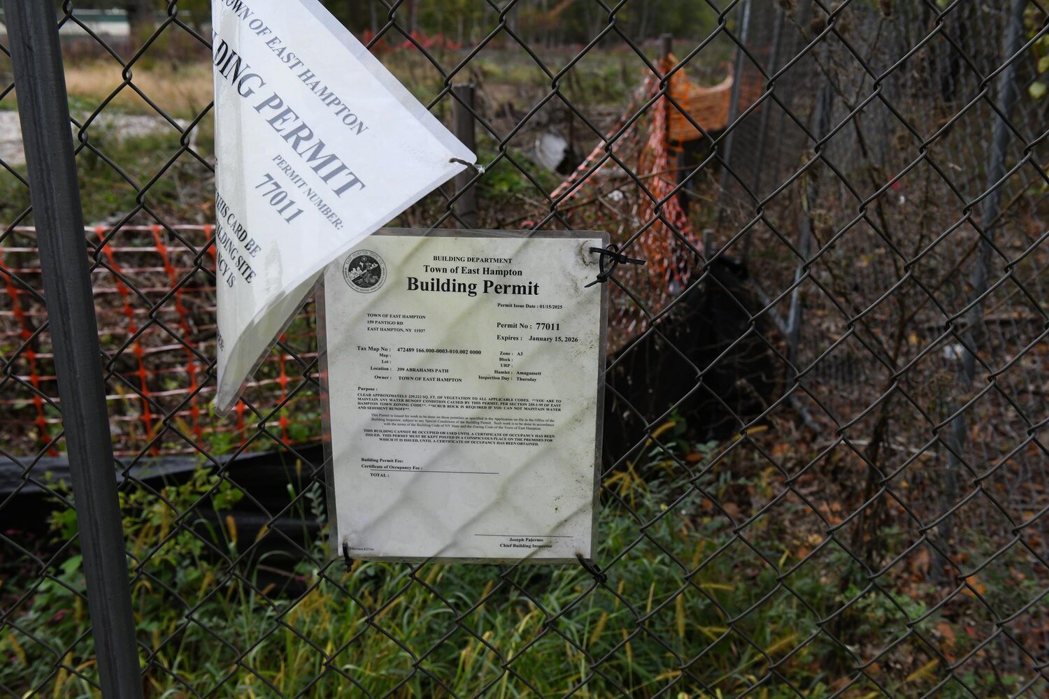 A building permit on the lot that houses what the Town Board planned would be a senior center. That has now changed, and the Town Board plans to make the project a community center, perhaps more like the Montauk Playhouse. DOUG KUNTZ