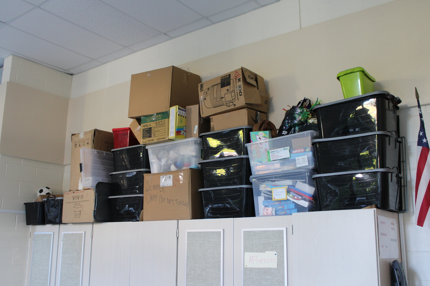 Storage is currently at a premium in Montauk School. Here, the multi-purpose room is being used for storage. JACK MOTZ
