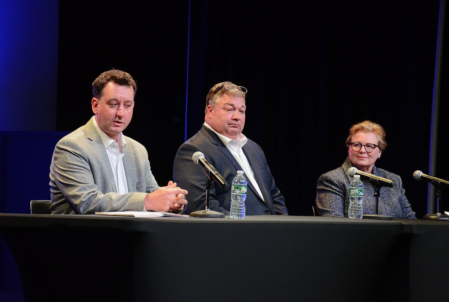The three candidates at the debate on Monday night. From left: Councilman Ian Calder-Piedmonte, J.P. Foster and Councilwoman Cate Rogers. KYRIL BROMLEY